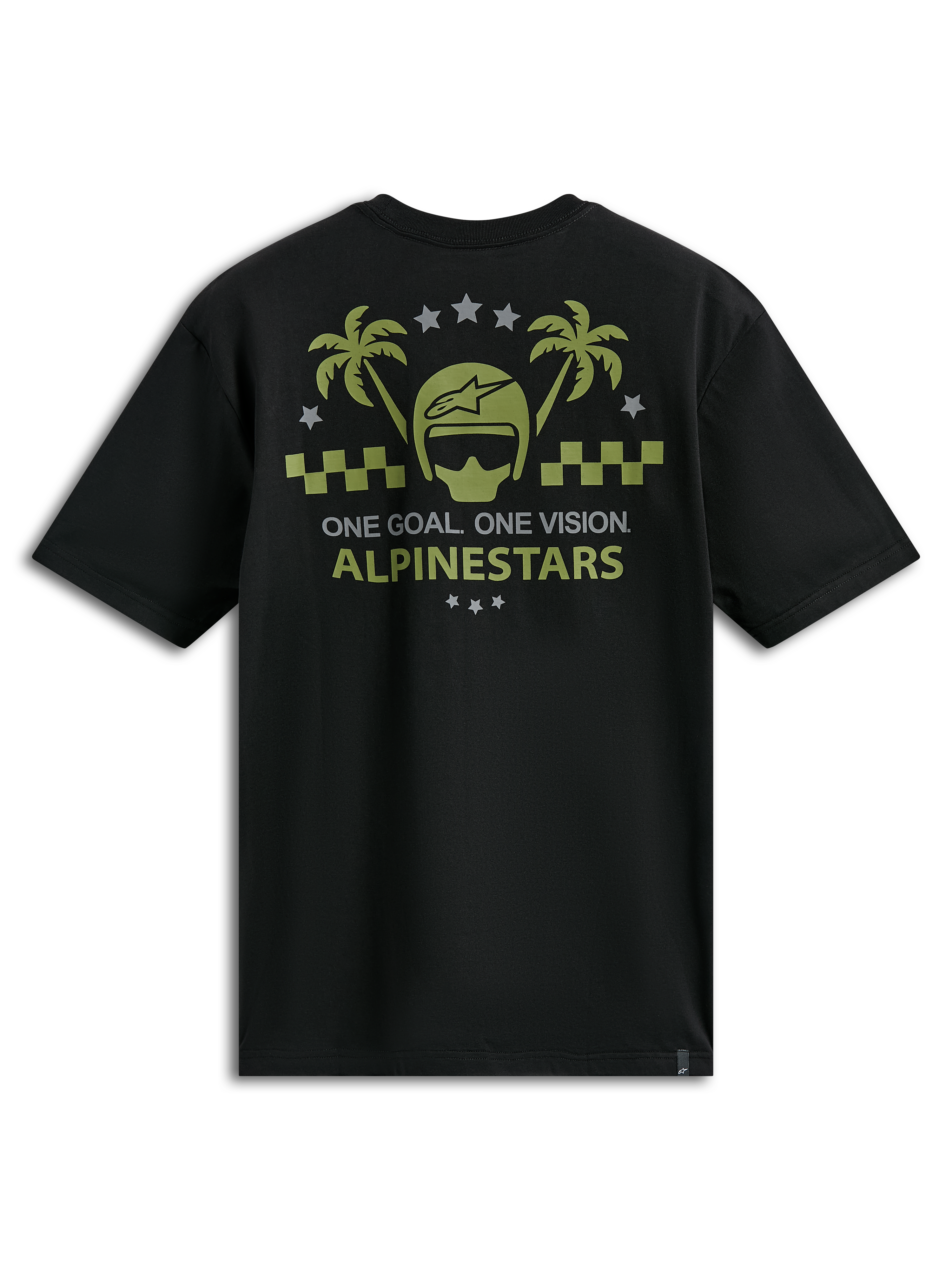 Alpinestars Order CSF Tee, t-shirt a maniche corte, nero, grafica verde oliva e grigia con casco e palme, testo One Goal One Vision, abbigliamento sportivo casual da motorsport