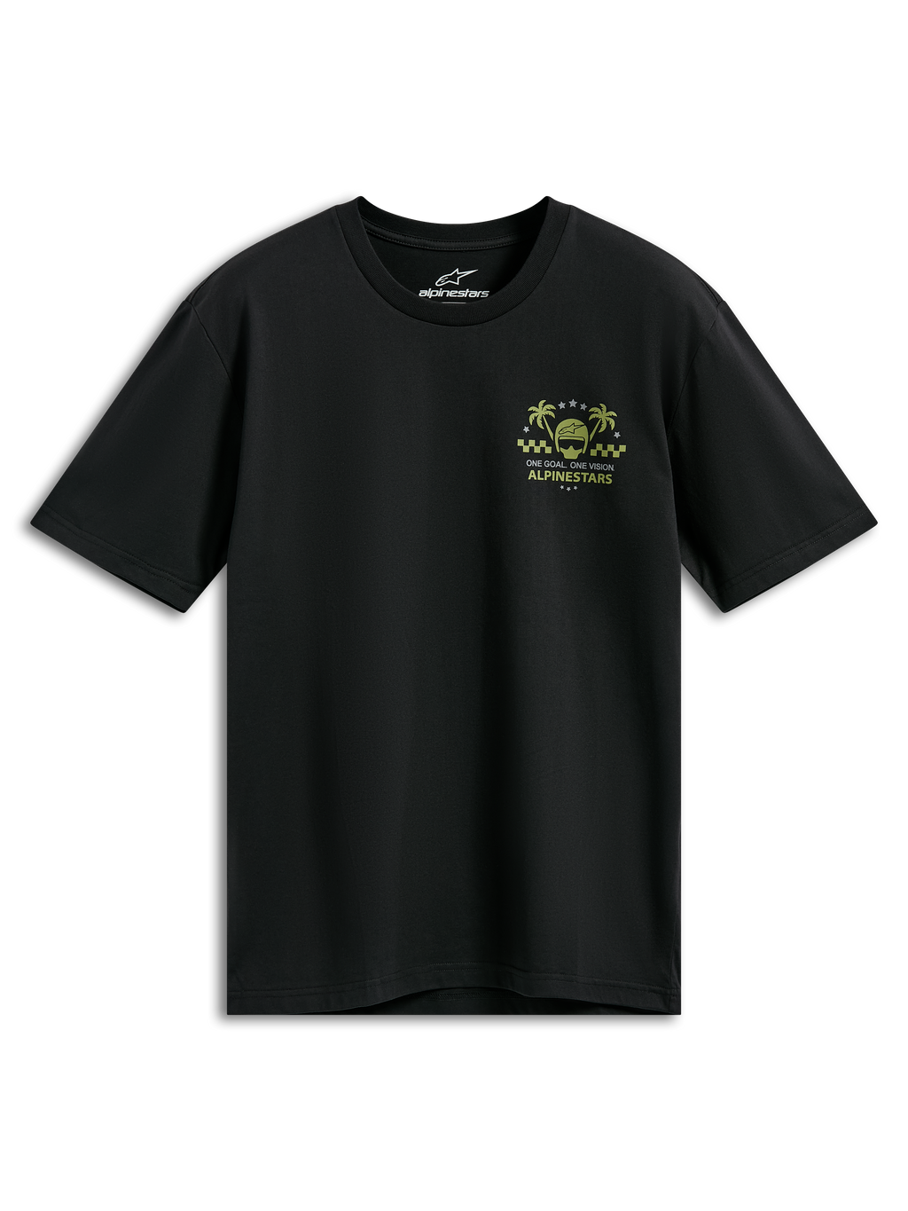 Alpinestars Order CSF Tee, t-shirt a maniche corte, nero, grafica sul petto gialla e verde con casco e palme, testo One Goal One Vision, abbigliamento streetwear casual motorsport