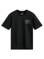 Alpinestars Order CSF Tee, t-shirt a maniche corte, nero, grafica sul petto gialla e verde con casco e palme, testo One Goal One Vision, abbigliamento streetwear casual motorsport