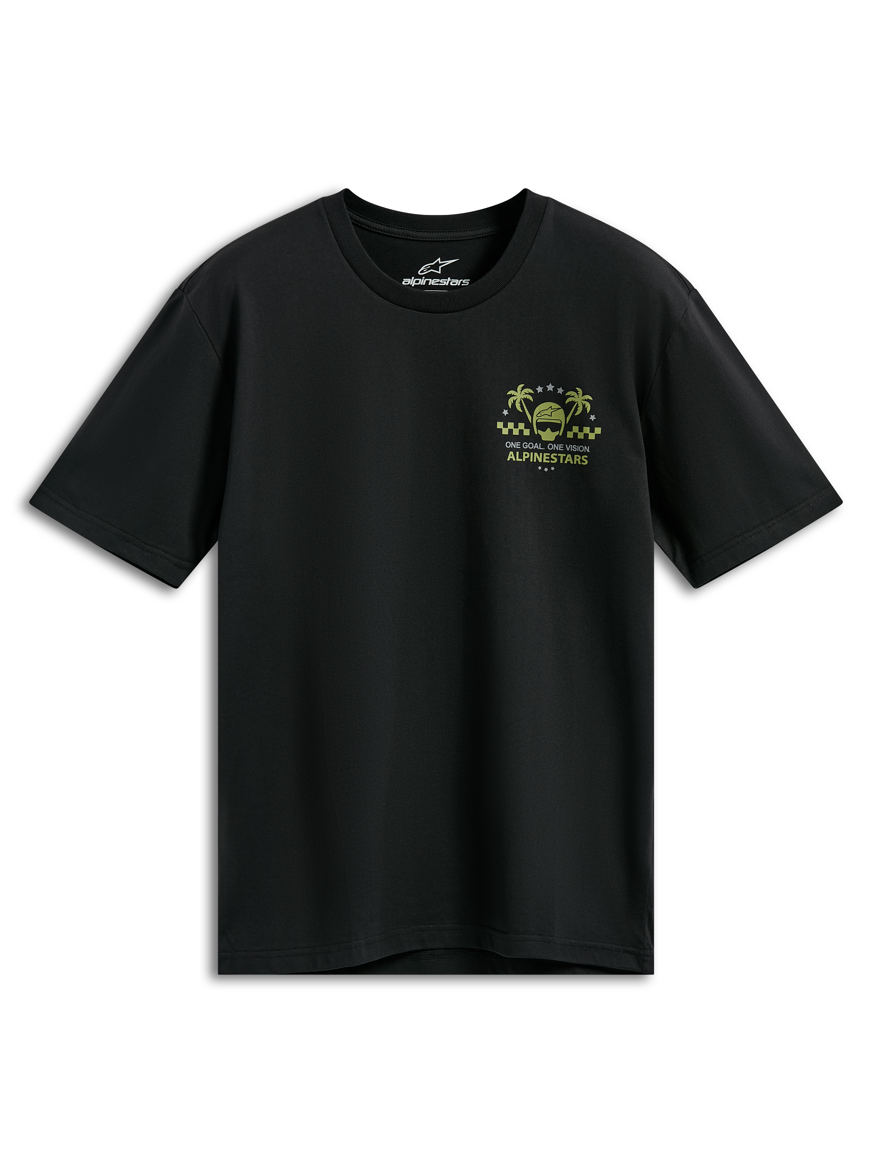 Alpinestars Order CSF Tee, t-shirt a maniche corte, nero, grafica sul petto gialla e verde con casco e palme, testo One Goal One Vision, abbigliamento streetwear casual motorsport