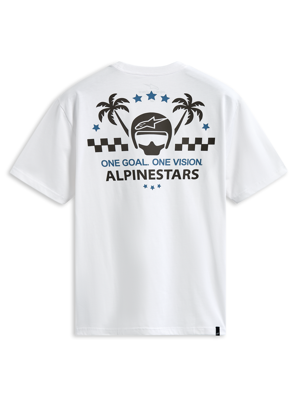 Alpinestars Order CSF Tee, t-shirt a maniche corte, bianco, grafica sul retro con casco e palme, scritta One Goal One Vision, abbigliamento casual motorsport streetwear