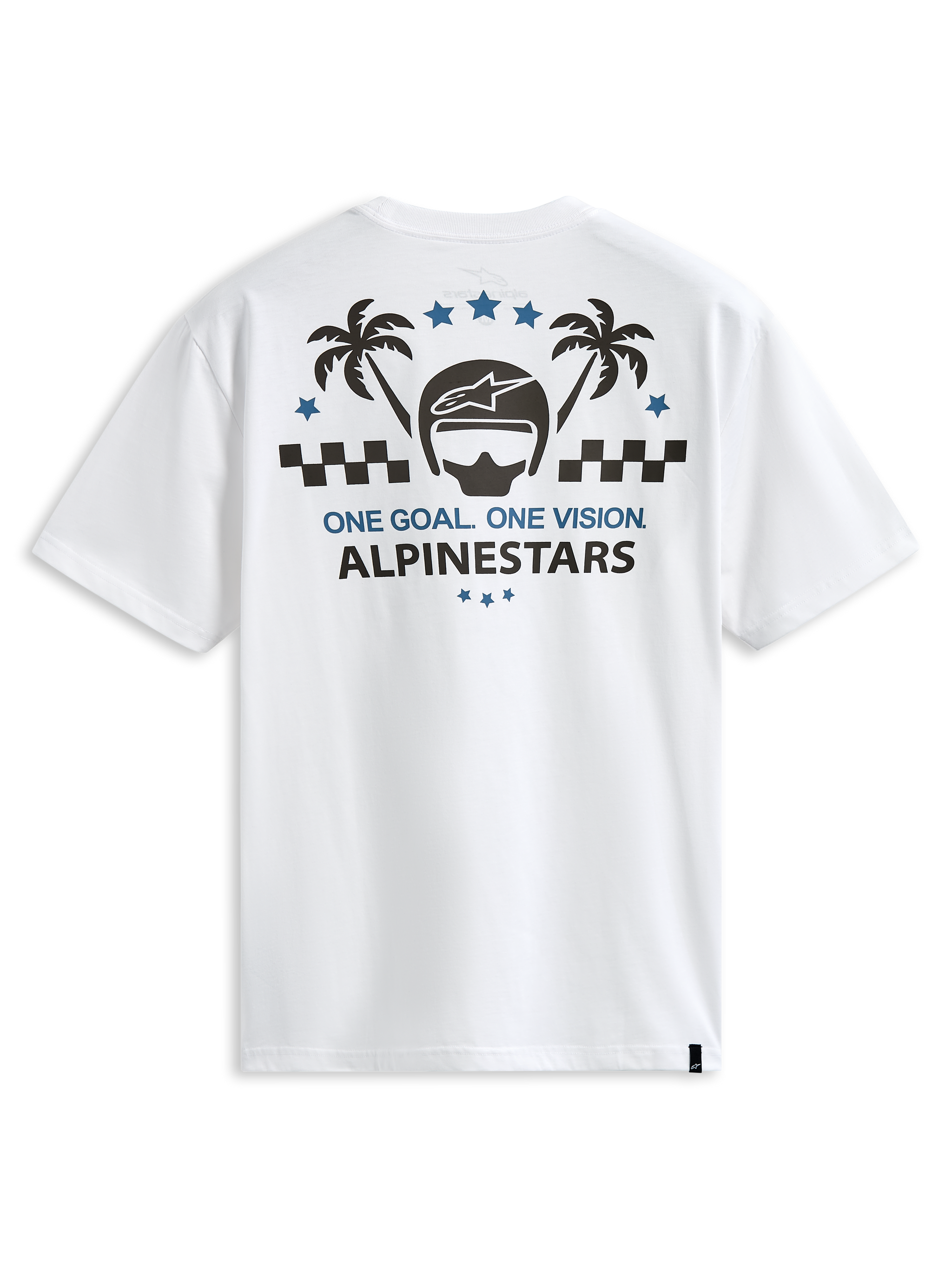 Alpinestars Order CSF Tee, t-shirt a maniche corte, bianco, grafica sul retro con casco e palme, scritta One Goal One Vision, abbigliamento casual motorsport streetwear