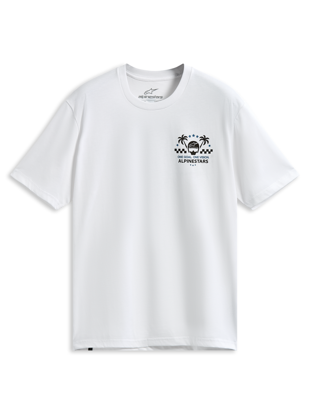 Alpinestars Order CSF Tee, maglietta a maniche corte, bianca, grafica sul petto con palme e casco da corsa, testo One Goal One Vision, abbigliamento sportivo casual da motorsport