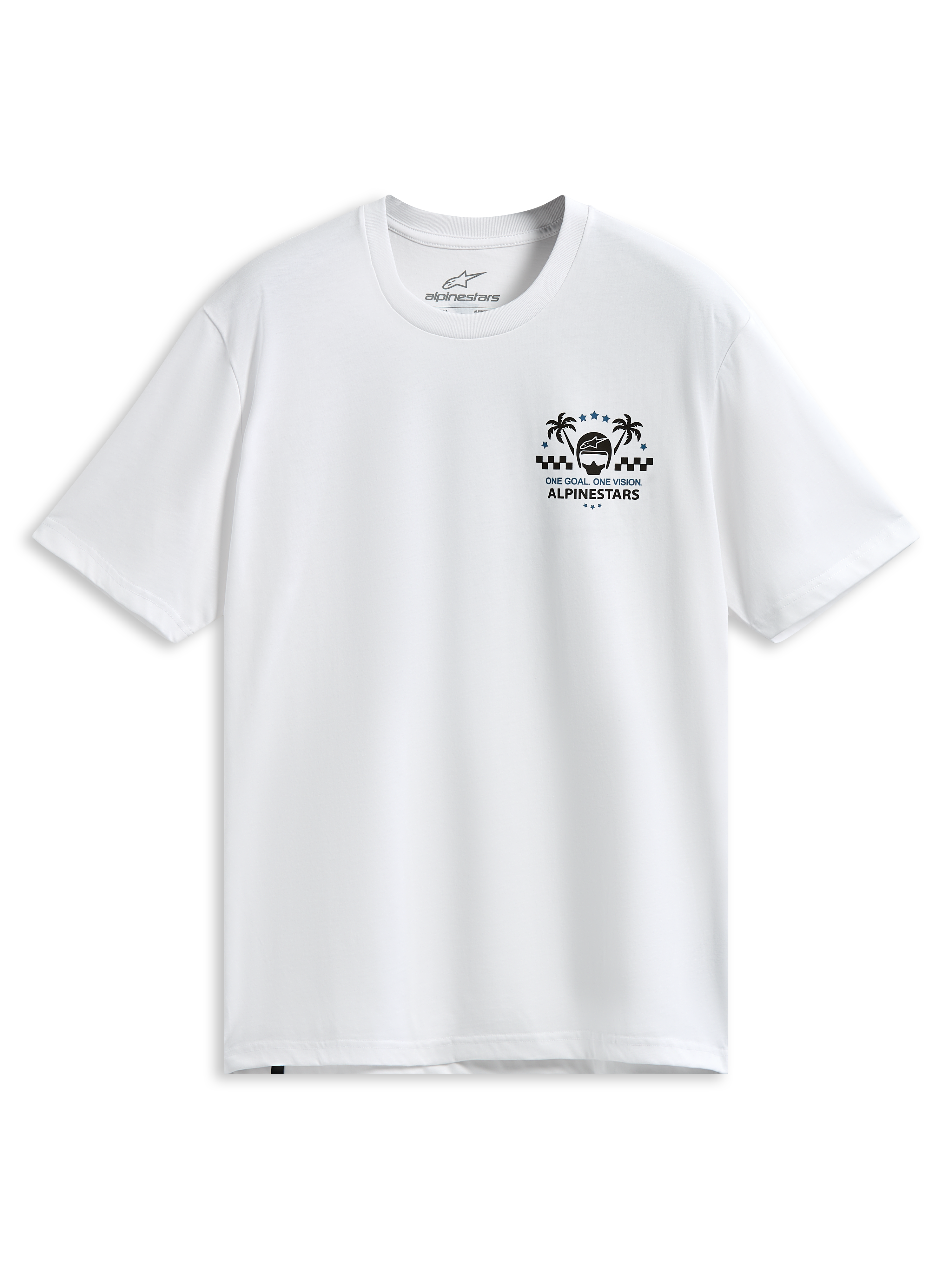 Alpinestars Order CSF Tee, maglietta a maniche corte, bianca, grafica sul petto con palme e casco da corsa, testo One Goal One Vision, abbigliamento sportivo casual da motorsport