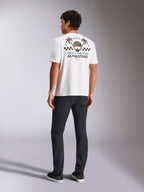 Alpinestars Order CSF Tee, t-shirt a maniche corte, bianco, vista posteriore con grafica di palme e casco, slogan 'One Goal One Vision', streetwear casual ispirato al motorsport