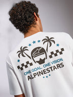 Alpinestars Order CSF Tee, t-shirt a maniche corte, bianco, vista posteriore con grafica di un casco, palme e testo 'ONE GOAL. ONE VISION.', abbigliamento casual motorsport streetwear