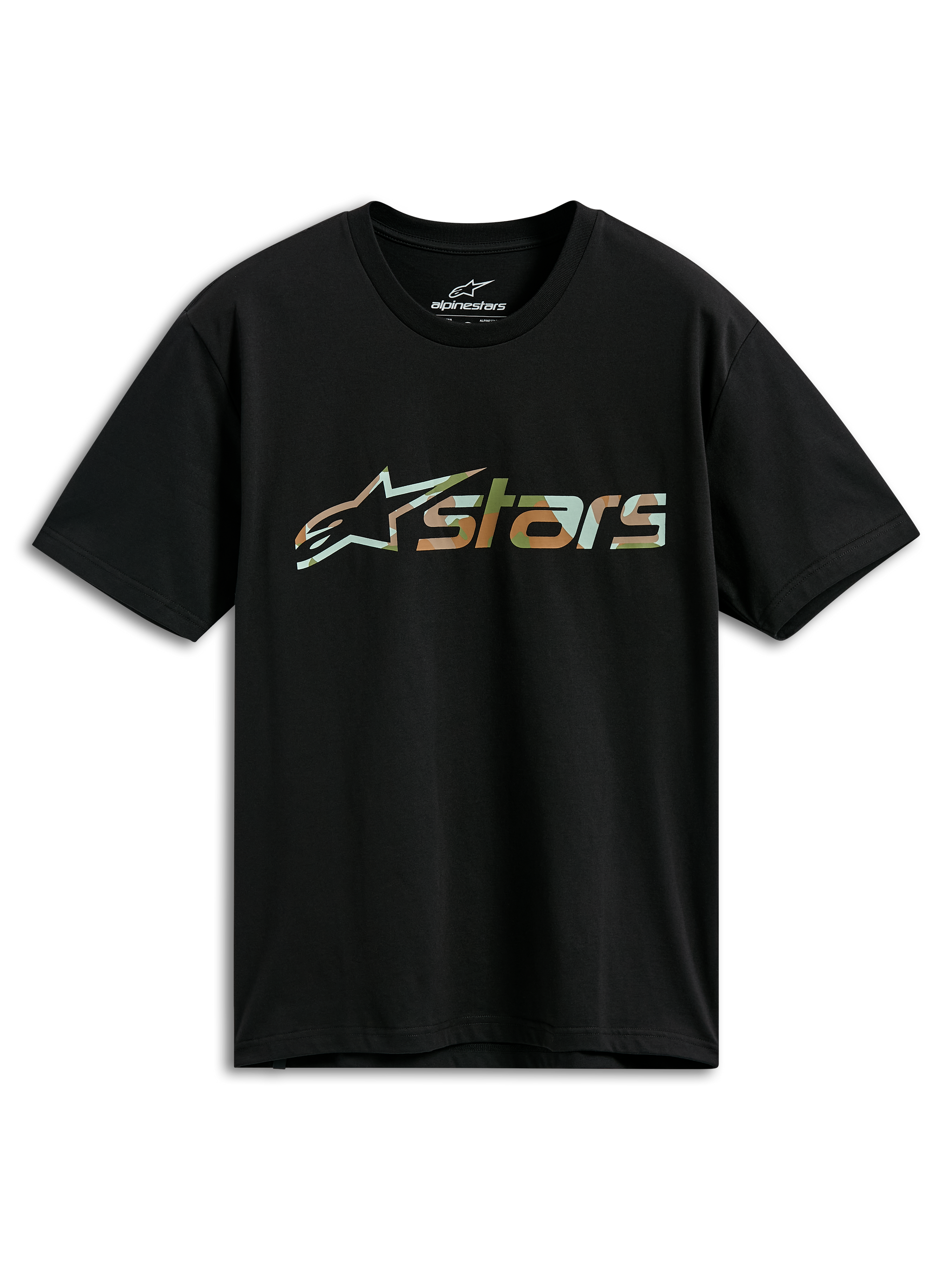 Alpinestars Verdure Camo CSF Tee, t-shirt a maniche corte, nero, logo Astars con riempimento camo, abbigliamento casual motorsport streetwear