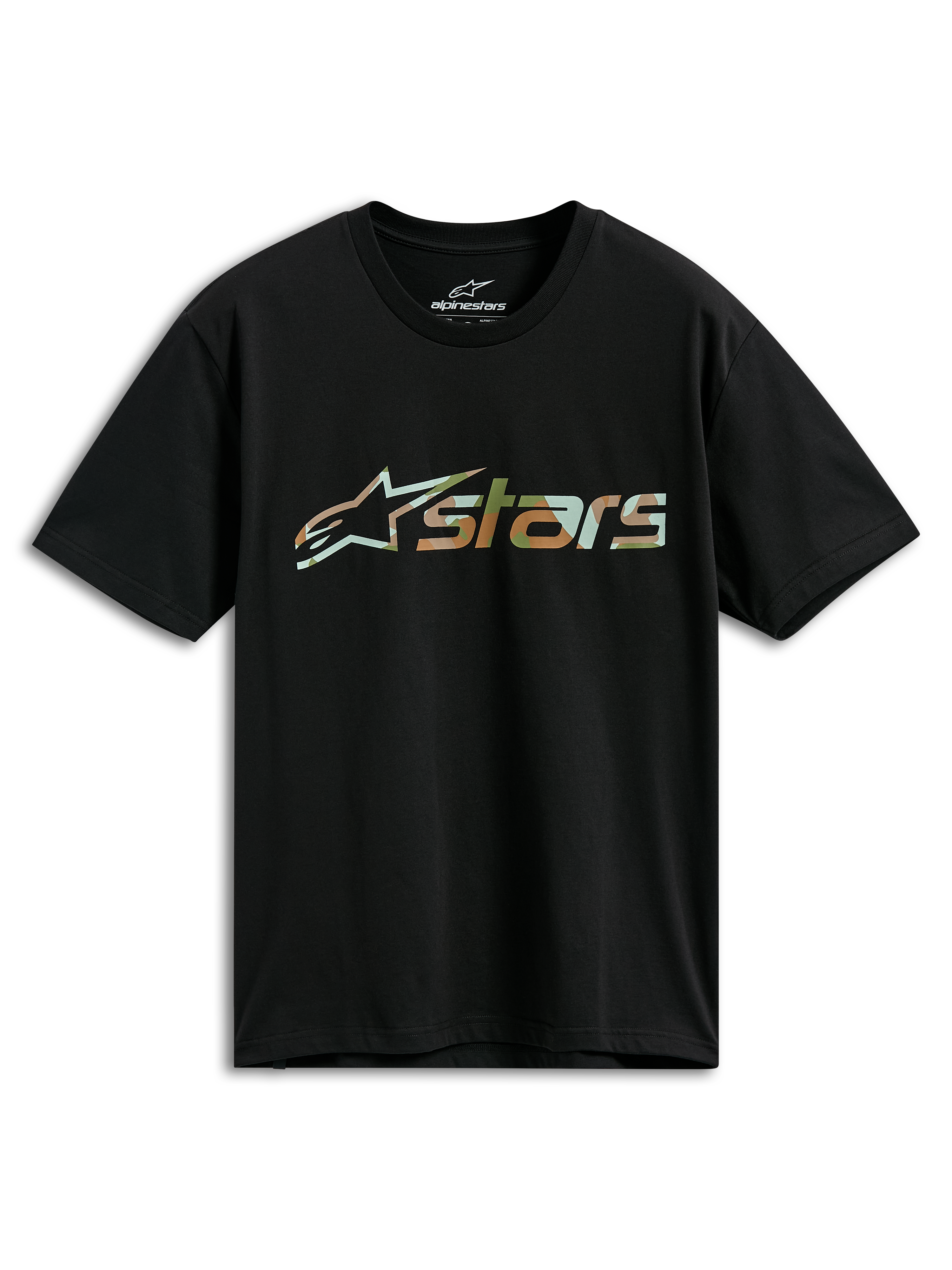 Alpinestars Verdure Camo CSF Tee, t-shirt a maniche corte, nero, logo Astars con riempimento camo, abbigliamento casual motorsport streetwear