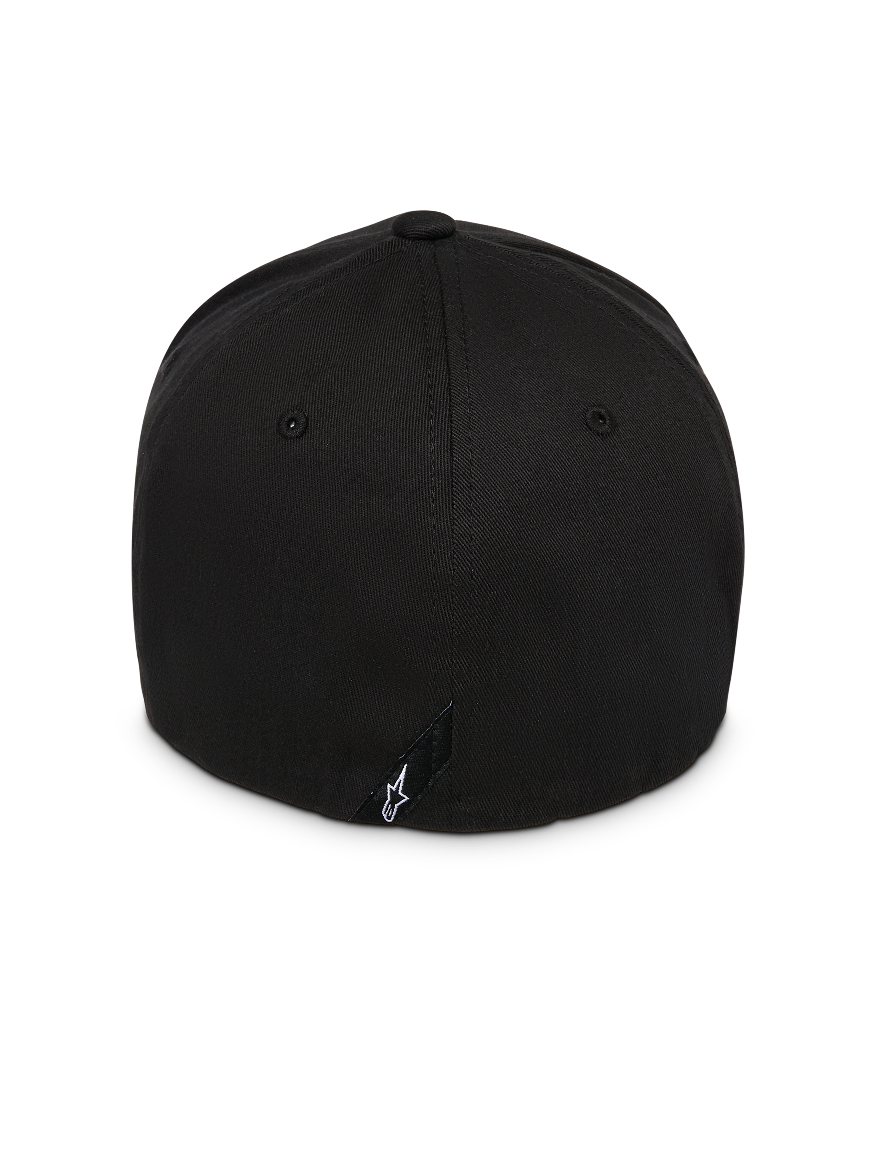 Alpinestars Instinct Hat, nero, vista posteriore che mostra la corona strutturata e il design flex-back, con una piccola etichetta nera e logo Astars bianco, resistente tessuto twill, copricapo casual ispirato al motorsport