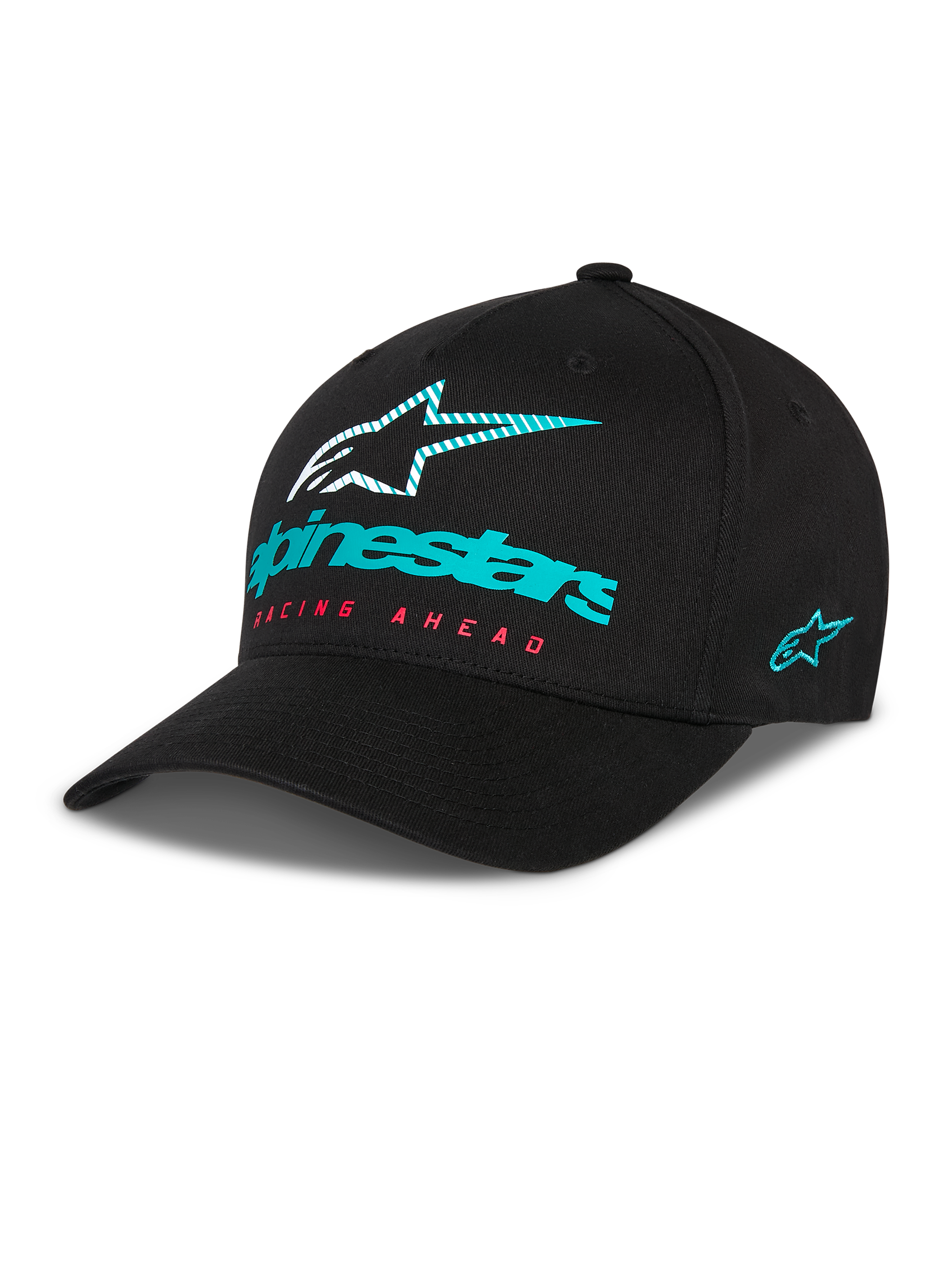 Cappello Alpinestars Instinct, cappellino da baseball nero con visiera curva, logo Alpinestars color petrolio e stella a strisce sul davanti, scritta 'Racing Ahead' rossa, ricamo del logo laterale color petrolio, copricapo casual da motorsport