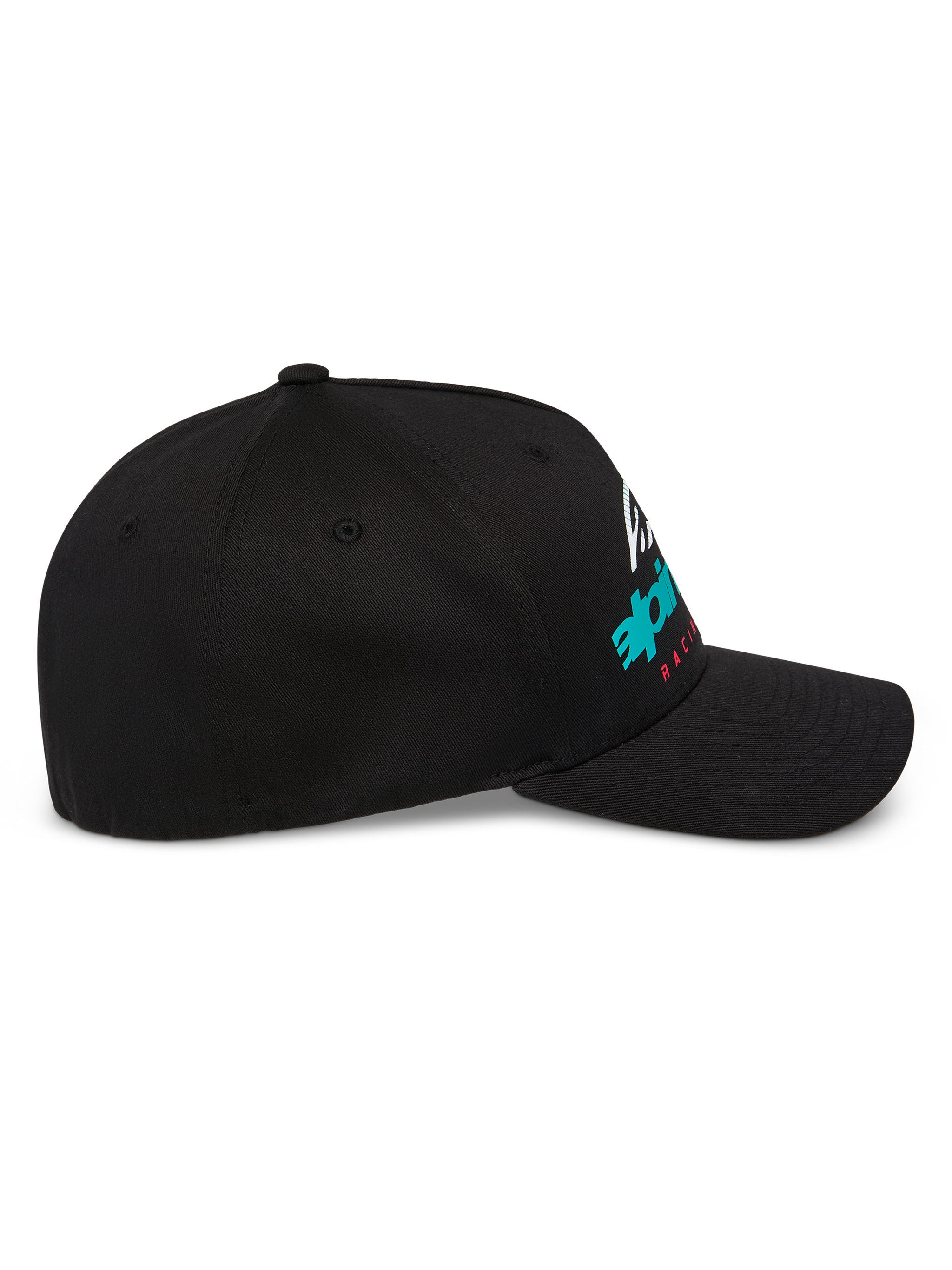 Cappello Alpinestars Instinct, berretto da baseball strutturato, nero, profilo laterale con visiera curva e stampa del logo Astars a gradiente, streetwear casual ispirato al motorsport
