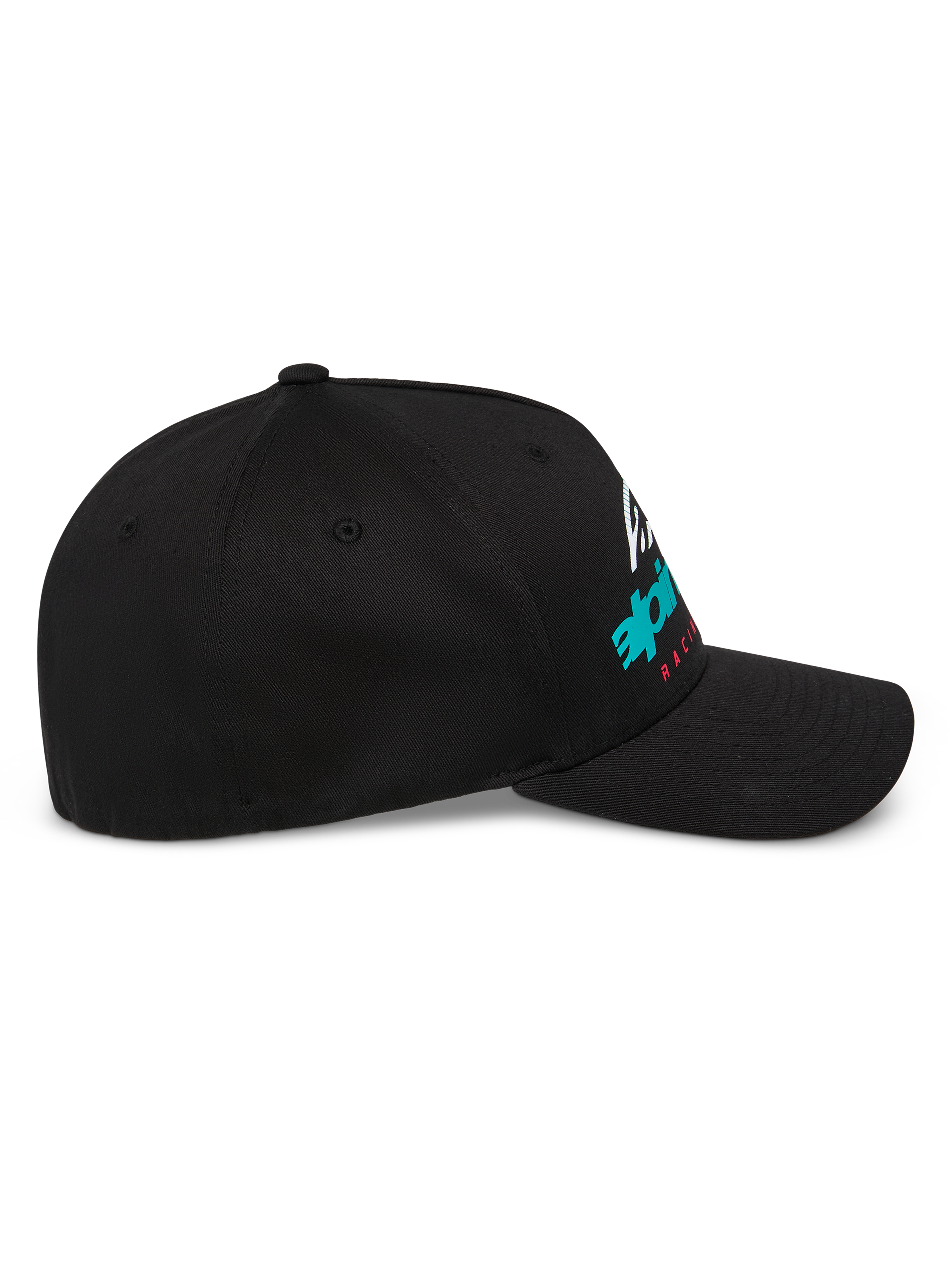 Cappello Alpinestars Instinct, berretto da baseball strutturato, nero, profilo laterale con visiera curva e stampa del logo Astars a gradiente, streetwear casual ispirato al motorsport