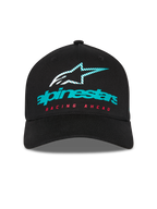 Cappello Alpinestars Instinct, cappellino da baseball strutturato, nero, con logo Alpinestars verde acqua, icona a stella striata e scritta 'RACING AHEAD' rossa, visiera curva, streetwear casual motorsport