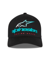 Cappello Alpinestars Instinct, cappellino da baseball strutturato, nero, con logo Alpinestars verde acqua, icona a stella striata e scritta 'RACING AHEAD' rossa, visiera curva, streetwear casual motorsport