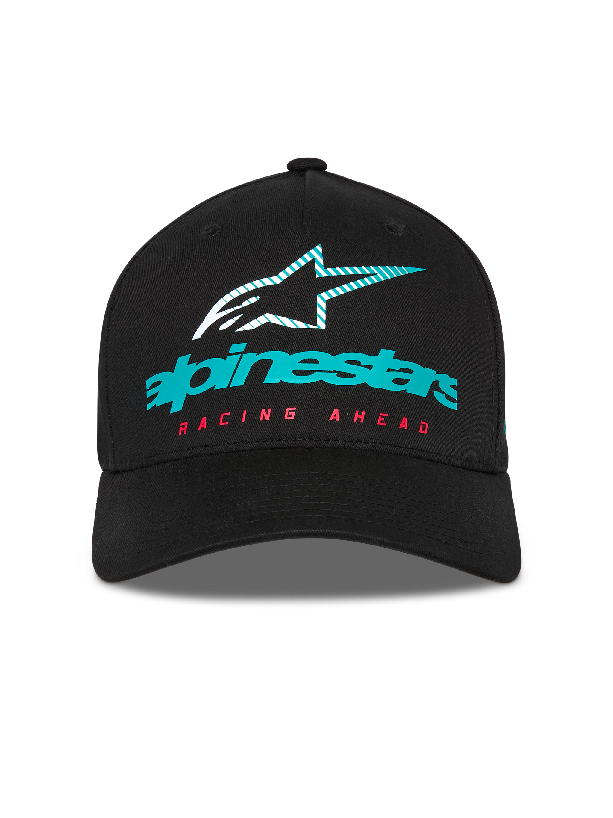 Cappello Alpinestars Instinct, cappellino da baseball strutturato, nero, con logo Alpinestars verde acqua, icona a stella striata e scritta 'RACING AHEAD' rossa, visiera curva, streetwear casual motorsport