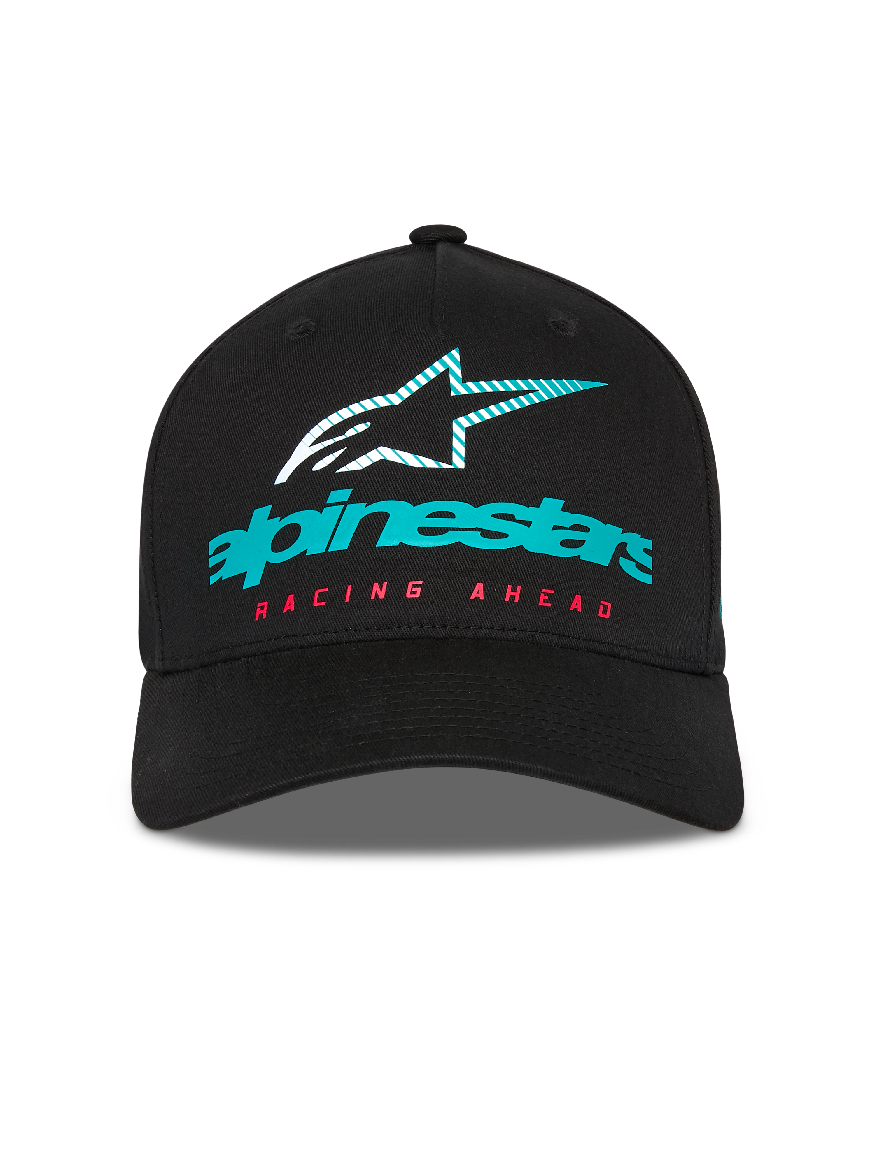 Cappello Alpinestars Instinct, cappellino da baseball strutturato, nero, con logo Alpinestars verde acqua, icona a stella striata e scritta 'RACING AHEAD' rossa, visiera curva, streetwear casual motorsport