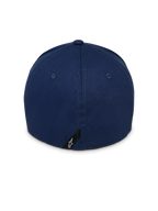 Alpinestars Instinct Hat, cappello da baseball blu navy, vista posteriore che mostra la corona strutturata e il design retro flessibile, con piccola etichetta nera e logo Astars bianco sul bordo inferiore