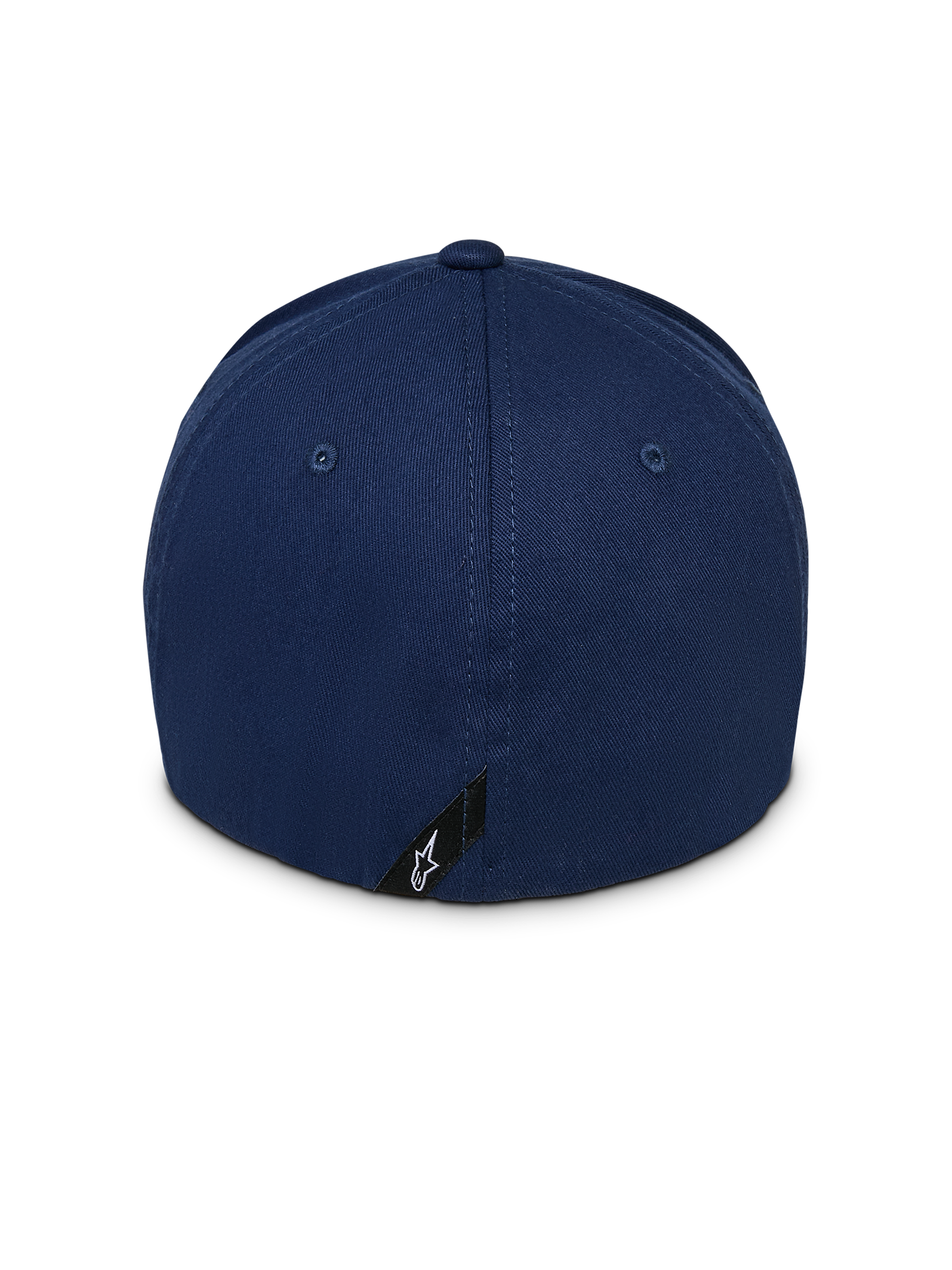 Alpinestars Instinct Hat, cappello da baseball blu navy, vista posteriore che mostra la corona strutturata e il design retro flessibile, con piccola etichetta nera e logo Astars bianco sul bordo inferiore
