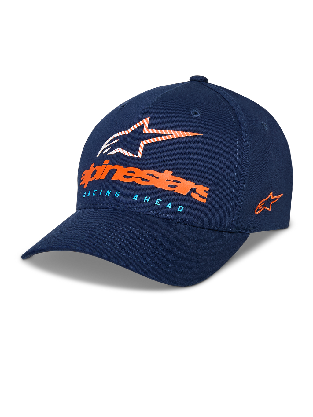 Cappello Alpinestars Instinct, berretto da baseball blu navy, visiera curva con corona strutturata, logo Astars frontale con scritta arancione e testo "Racing Ahead" azzurro, logo ricamato laterale, copricapo sportswear casual