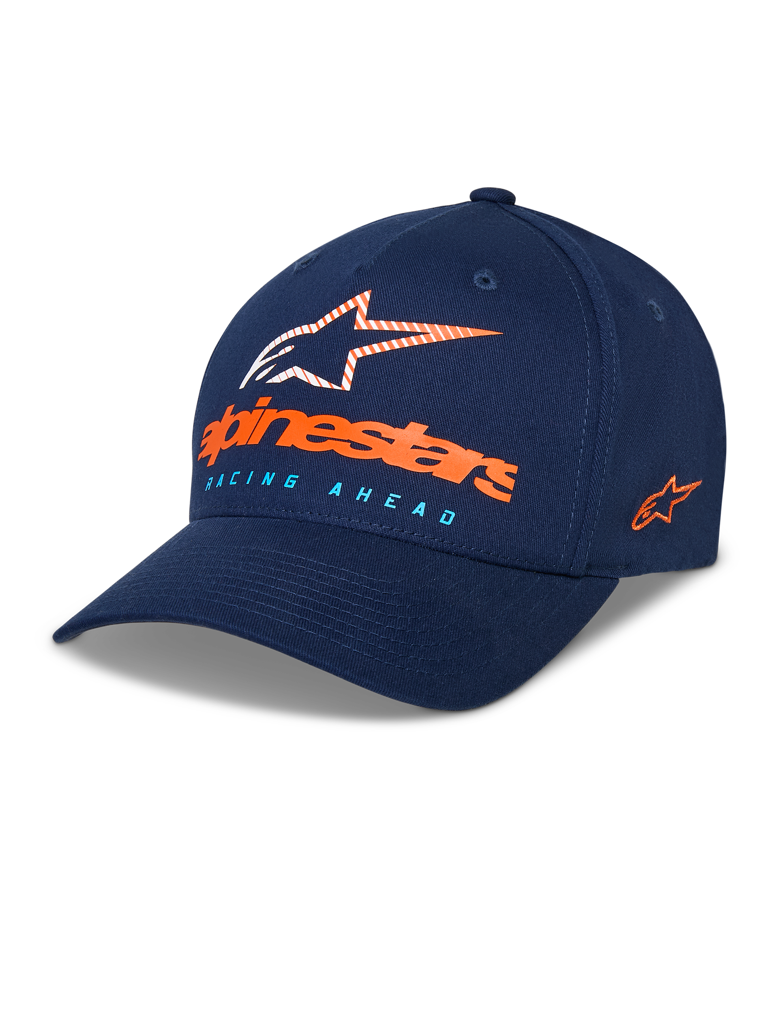 Cappello Alpinestars Instinct, berretto da baseball blu navy, visiera curva con corona strutturata, logo Astars frontale con scritta arancione e testo "Racing Ahead" azzurro, logo ricamato laterale, copricapo sportswear casual