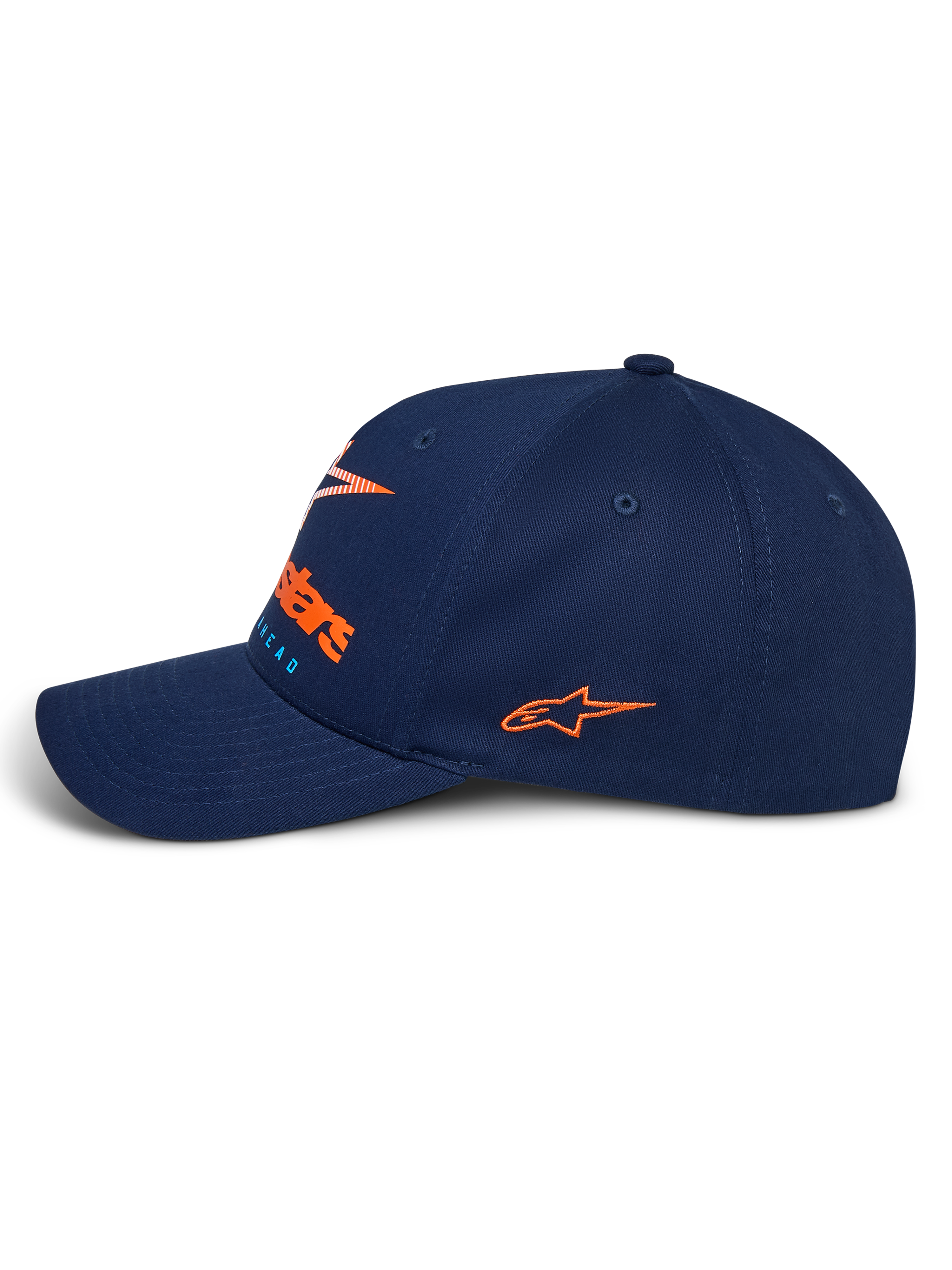 Cappello Alpinestars Instinct, cappello sportivo blu navy, vista laterale con visiera curva, logo laterale ricamato arancione, logo frontale con stampa a gradiente arancione, corona strutturata in tessuto twill