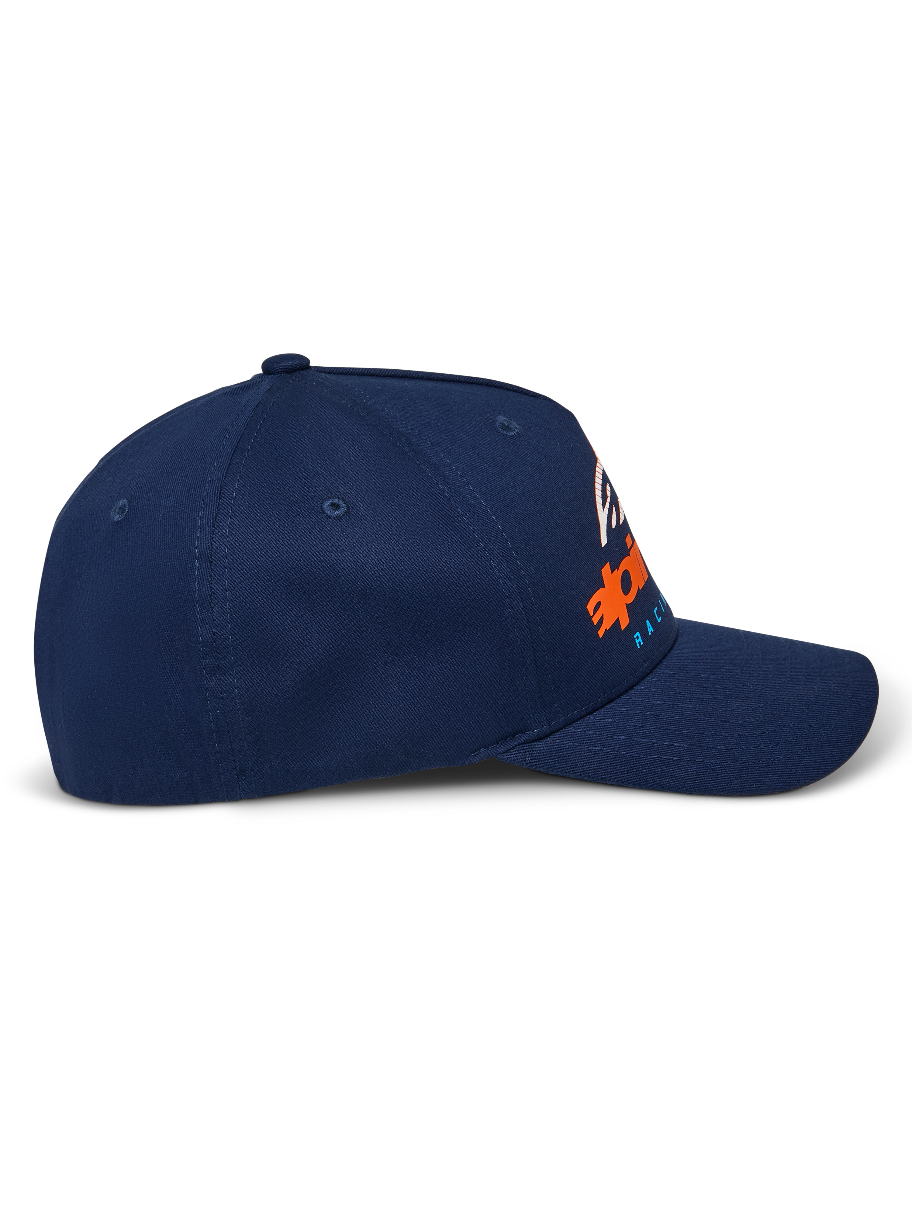 Cappello Alpinestars Instinct, blu navy, visiera curva con corona strutturata, vista laterale con stampa logo a gradiente arancione e blu, abbigliamento sportivo casual