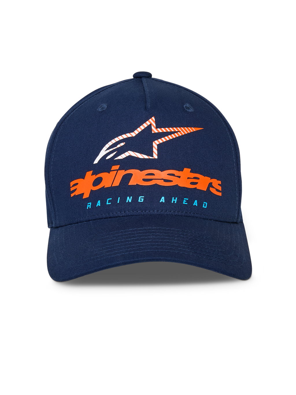 Cappello Alpinestars Instinct, berretto da baseball blu navy, visiera curva con corona strutturata, logo Alpinestars arancione e logo a stella a strisce sul davanti, scritta "RACING AHEAD" azzurra, abbigliamento sportivo casual