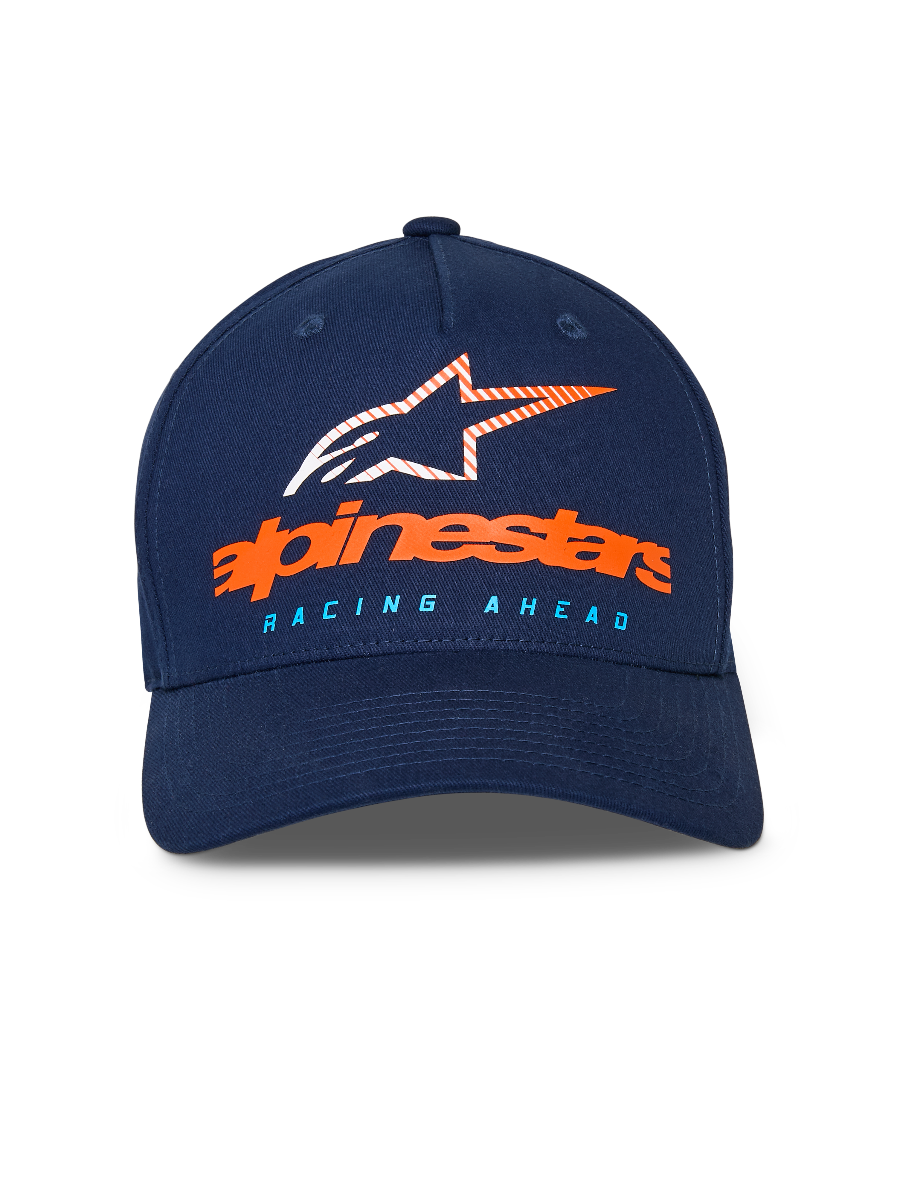 Cappello Alpinestars Instinct, berretto da baseball blu navy, visiera curva con corona strutturata, logo Alpinestars arancione e logo a stella a strisce sul davanti, scritta "RACING AHEAD" azzurra, abbigliamento sportivo casual