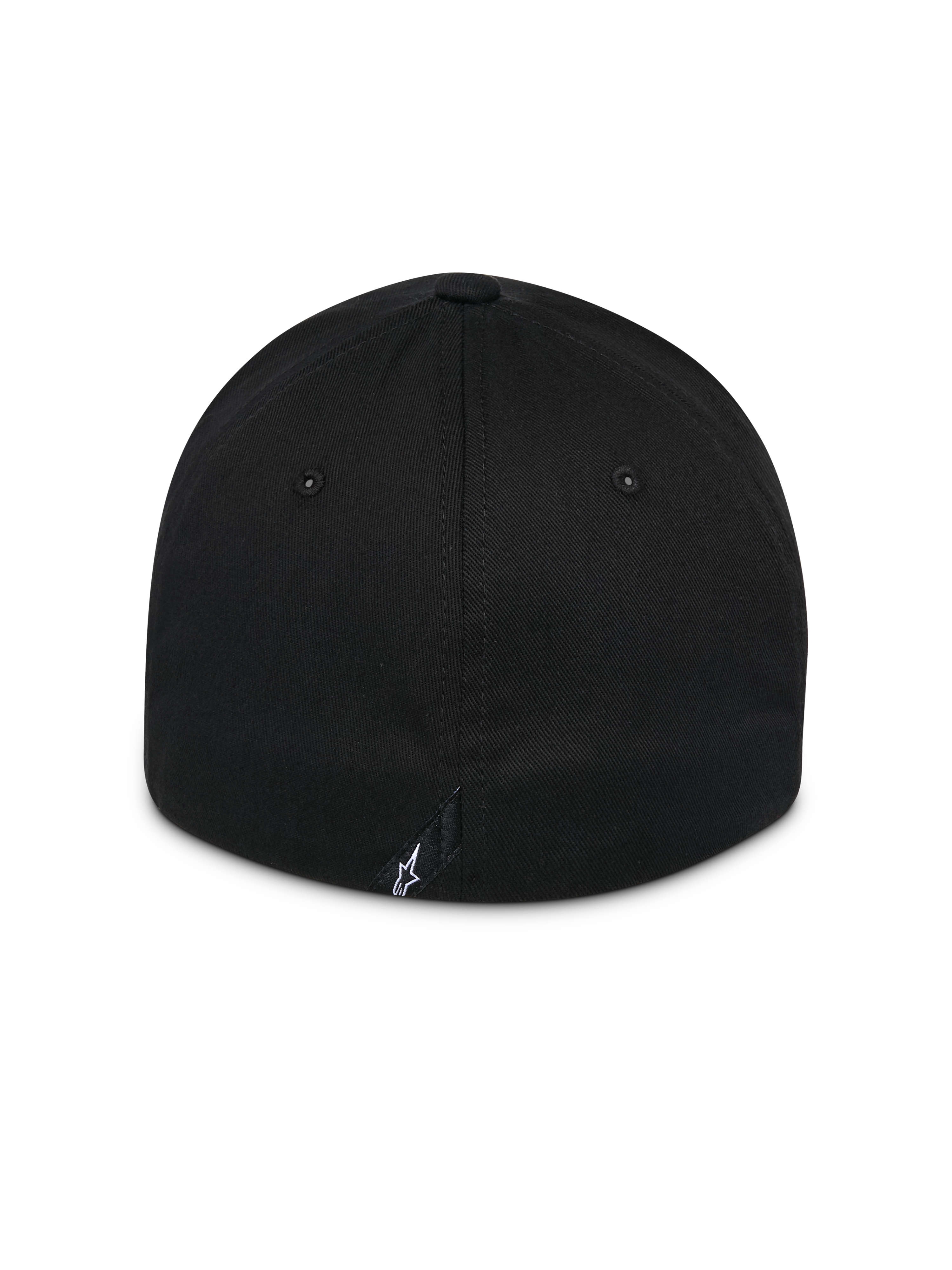 Alpinestars Surpass Hat, nero, vista posteriore del cappello con visiera curva e corona strutturata, design con retro flessibile, piccolo logo Astars bianco sull'etichetta posteriore, copricapo casual da motorsport