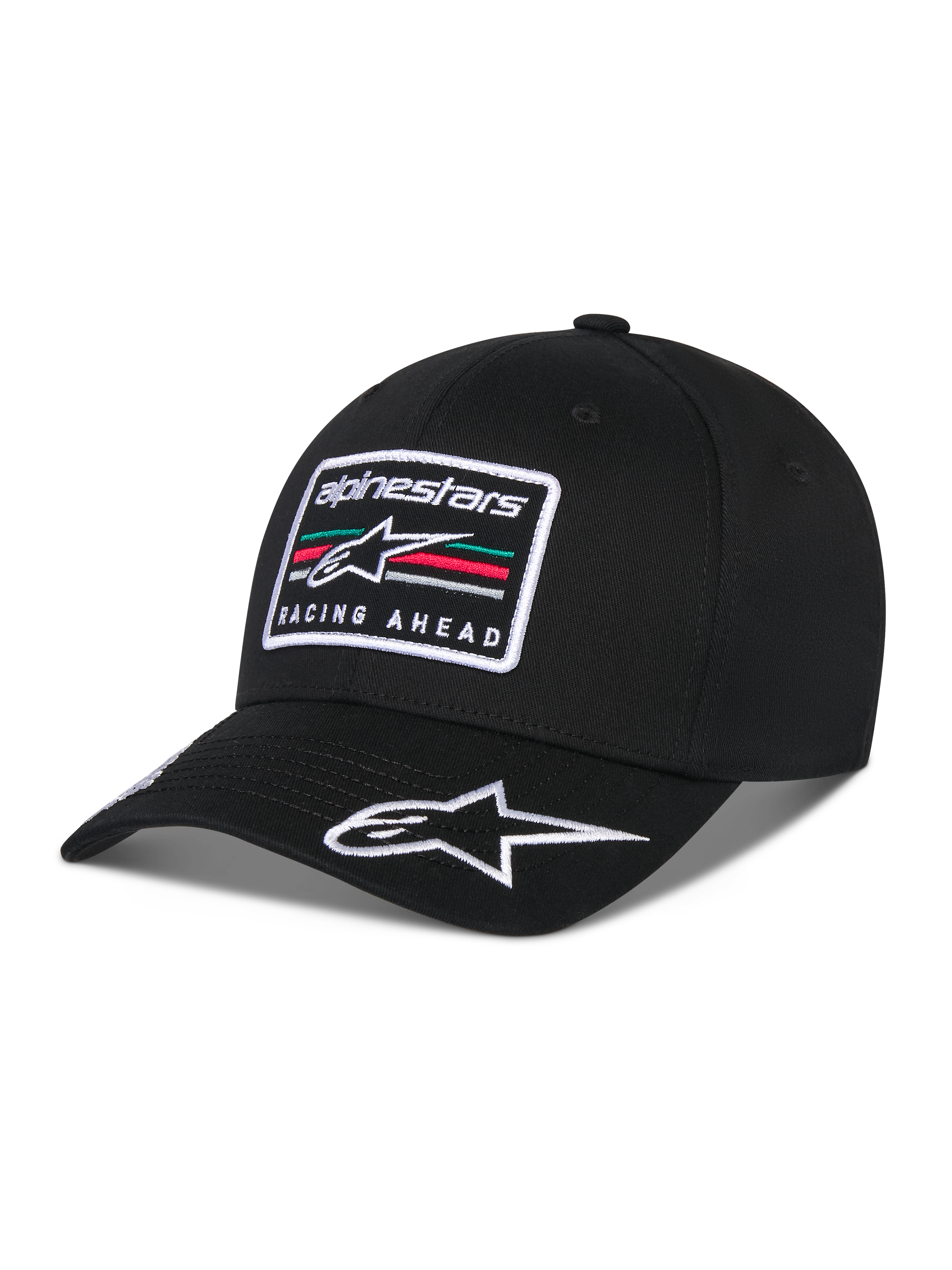 Cappello Alpinestars Surpass, berretto da baseball con visiera curva, nero, caratterizzato da una toppa rettangolare ricamata sul davanti con logo Astars e testo 'Racing Ahead', logo bianco ricamato sulla visiera, corona strutturata e tessuto twill per uno stile streetwear casual ispirato al motorsport.