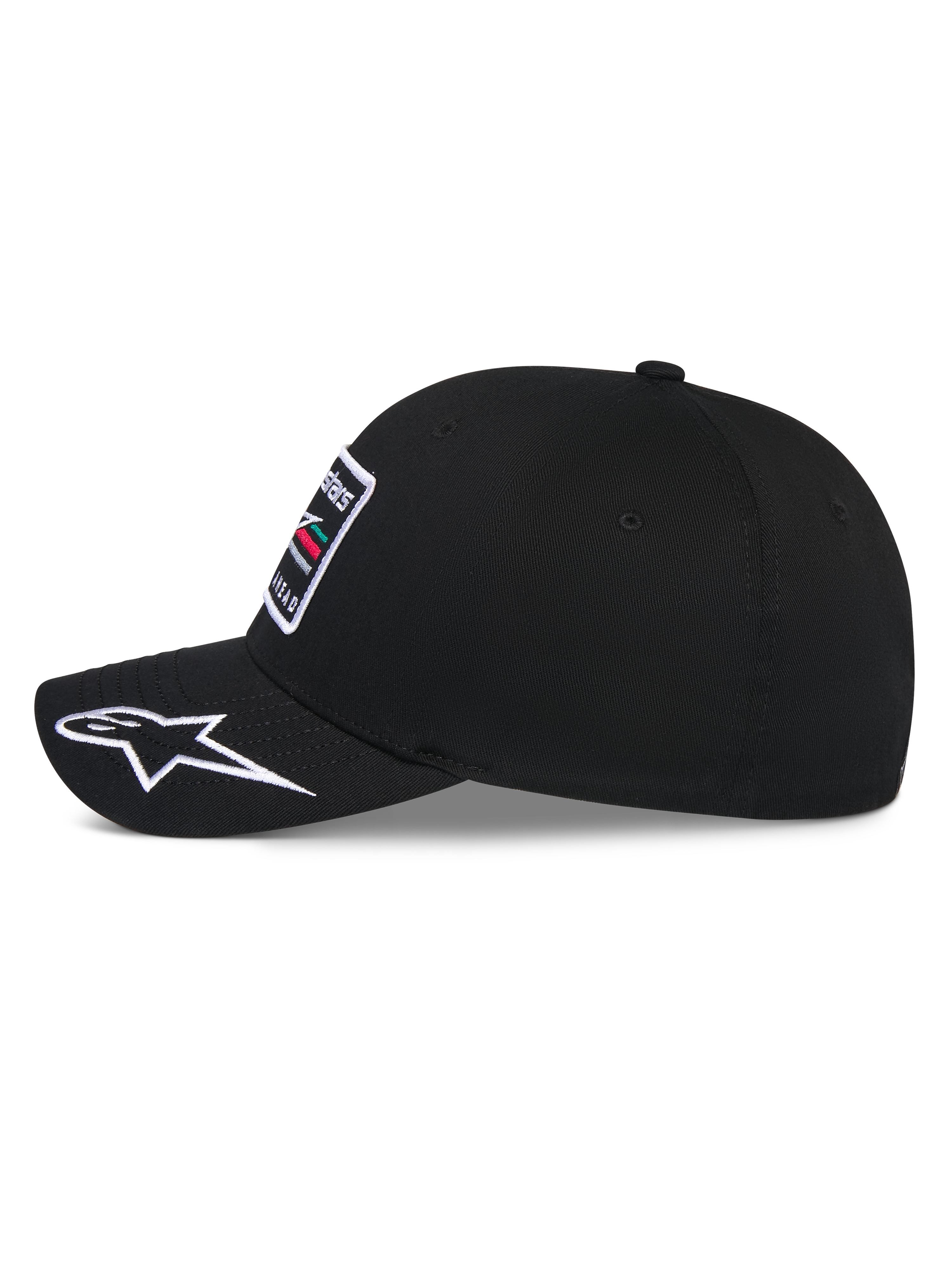 Cappello Alpinestars Surpass, cappellino da baseball, nero, profilo laterale con visiera curva e logo Astars bianco ricamato, corona strutturata con toppa ricamata frontale, copricapo casual ispirato al motorsport