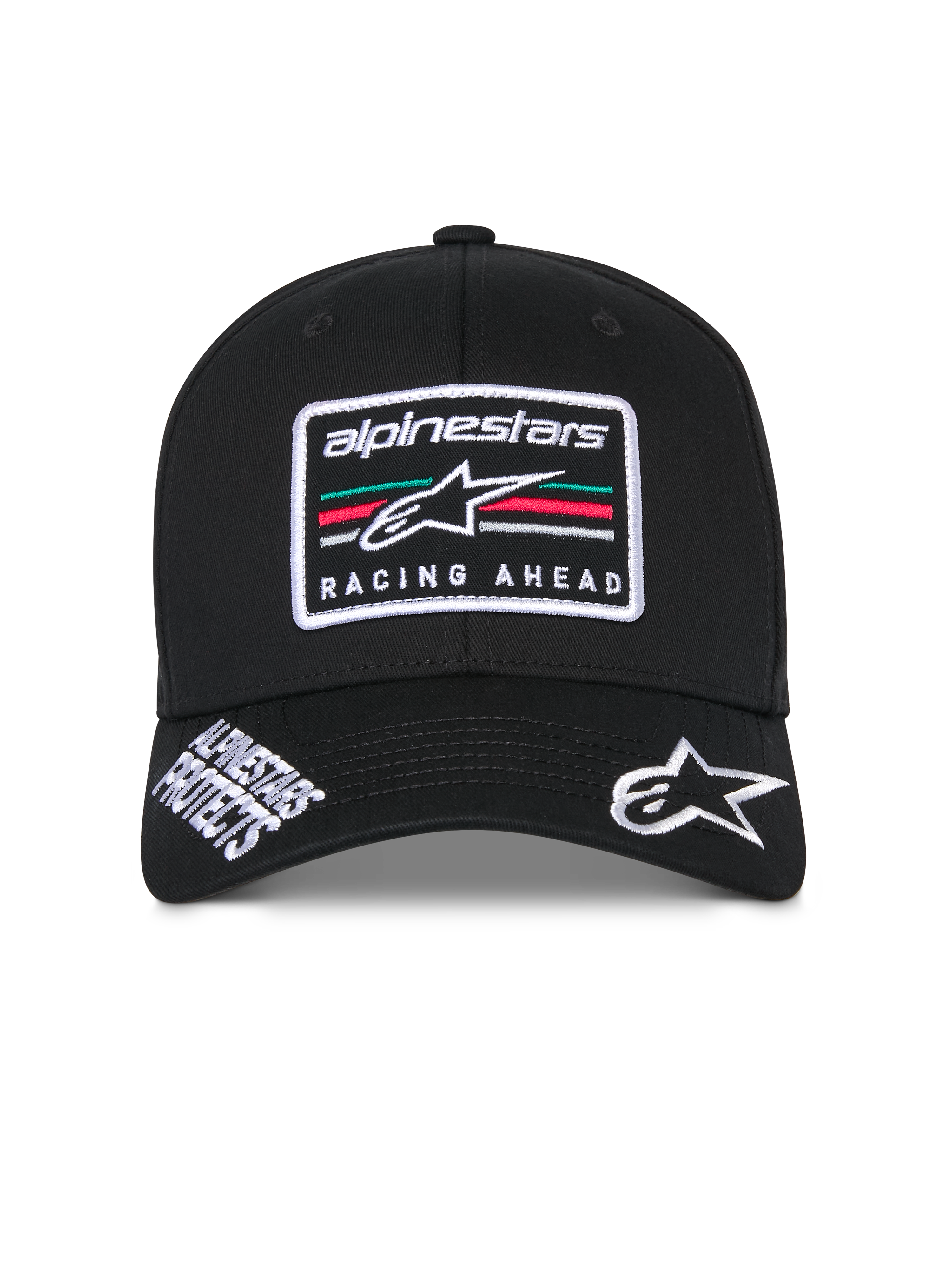 Cappello Alpinestars Surpass, cappellino da baseball strutturato nero, visiera curva con logo Astars ricamato in bianco e scritta 'Alpinestars Protects', toppa frontale con logo 'Racing Ahead' e strisce multicolore, copricapo casual ispirato al motorsport