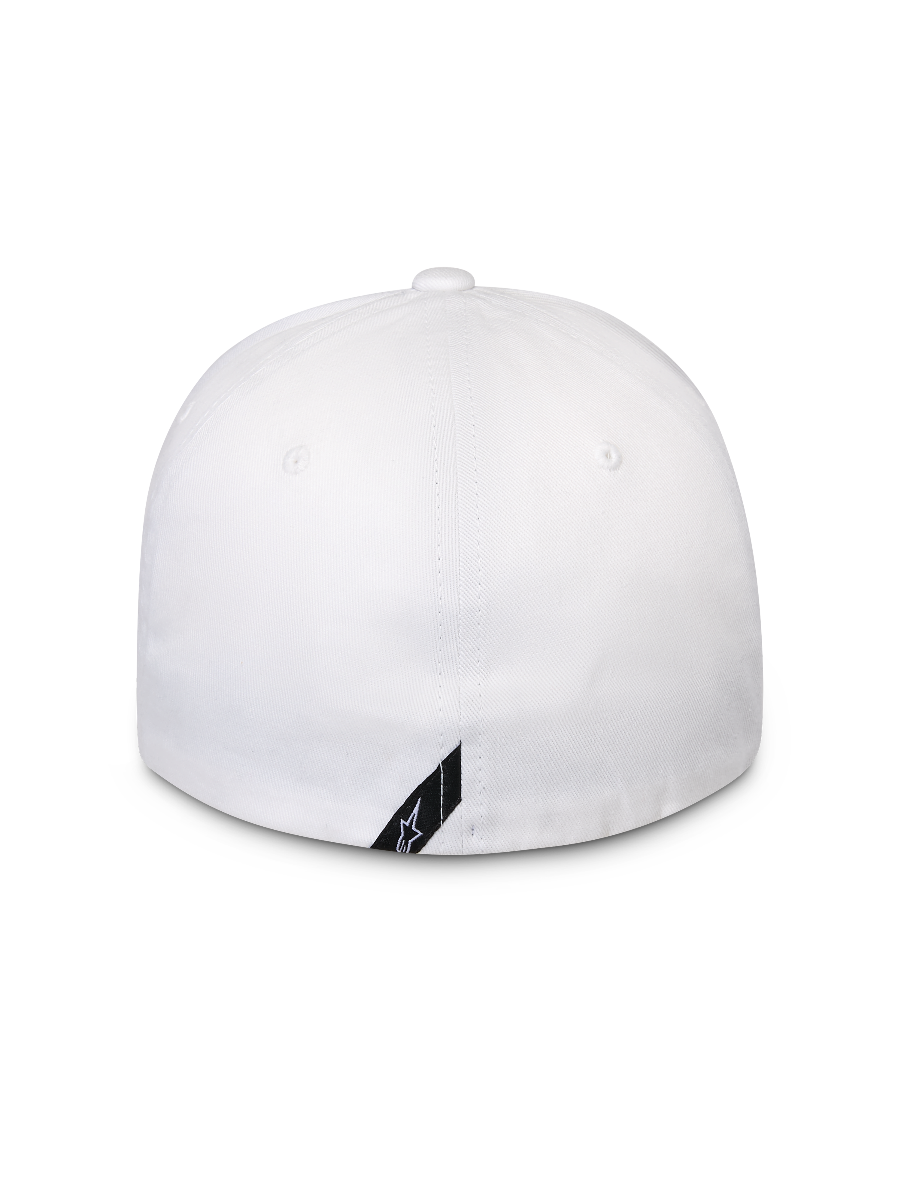 Cappello Alpinestars Surpass, bianco, vista posteriore di un berretto da baseball con retro flessibile, corona strutturata, piccola etichetta diagonale nera con logo Alpinestars sul bordo inferiore, abbigliamento sportivo casual
