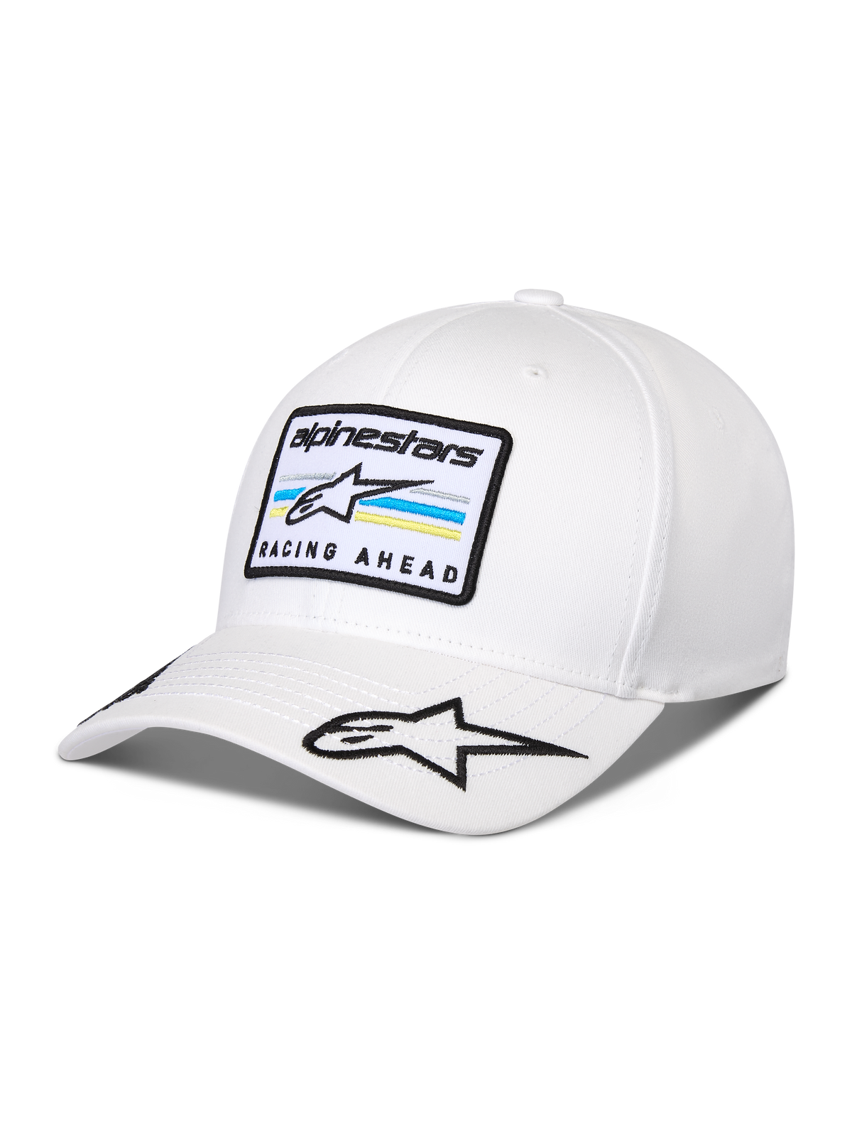 Cappello Alpinestars Surpass, berretto da baseball bianco con visiera curva, corona strutturata, presenta una toppa ricamata frontale con logo Astars e testo 'RACING AHEAD', logo a stella aggiuntivo sulla visiera, copricapo casual ispirato al motorsport