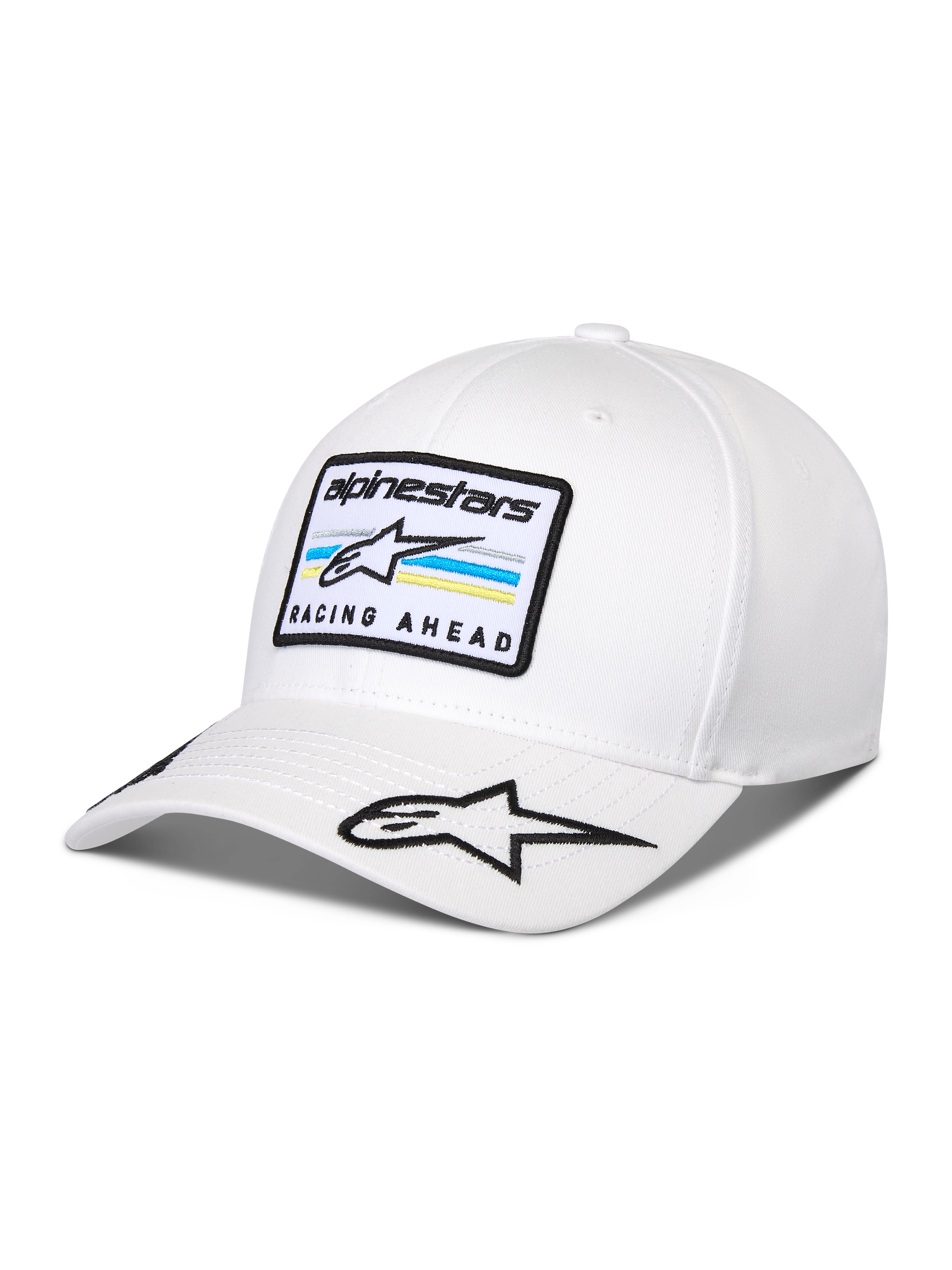 Cappello Alpinestars Surpass, berretto da baseball bianco con visiera curva, corona strutturata, presenta una toppa ricamata frontale con logo Astars e testo 'RACING AHEAD', logo a stella aggiuntivo sulla visiera, copricapo casual ispirato al motorsport