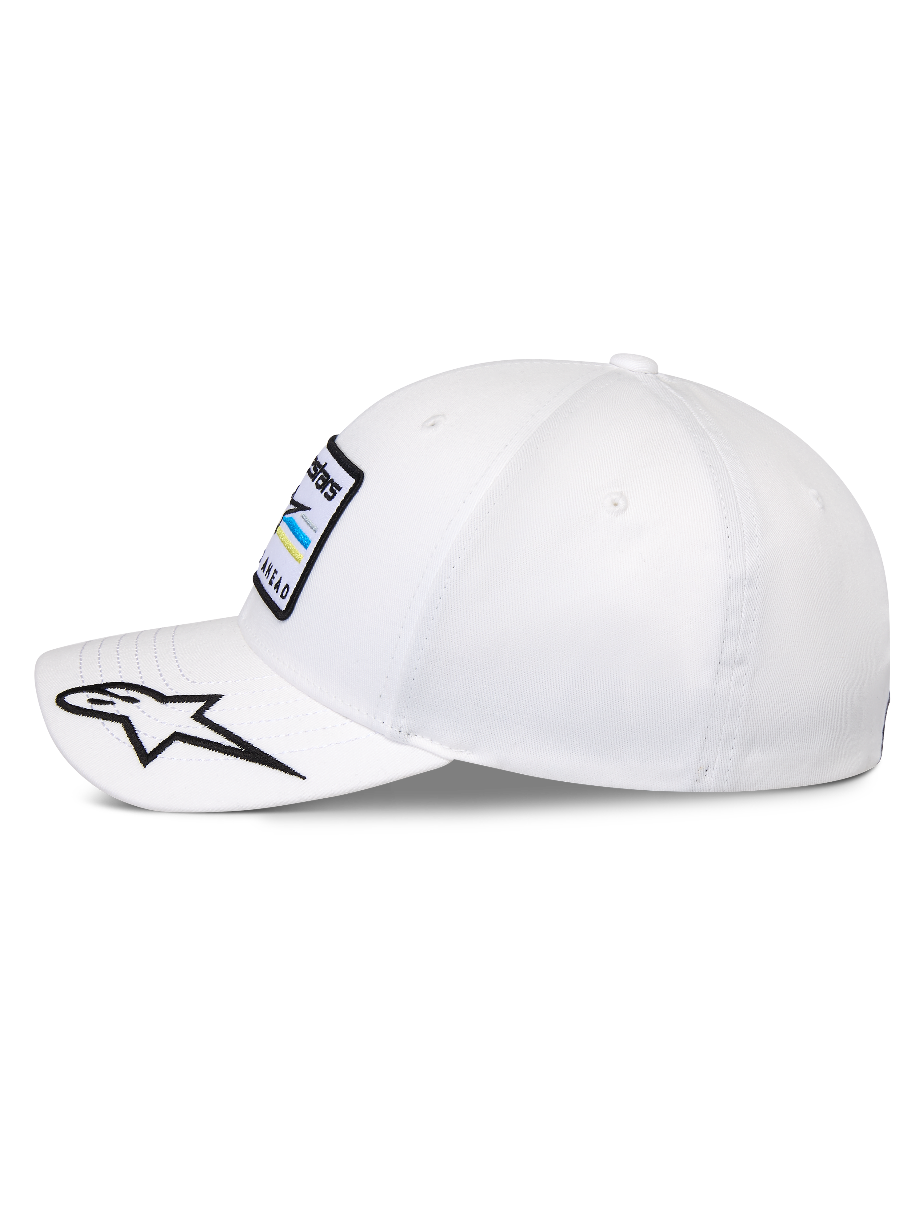Cappello Alpinestars Surpass, berretto da baseball strutturato, bianco, visiera curva con logo a stella ricamato in bianco e nero, vista laterale con toppa frontale logo Astars, copricapo casual ispirato al motorsport