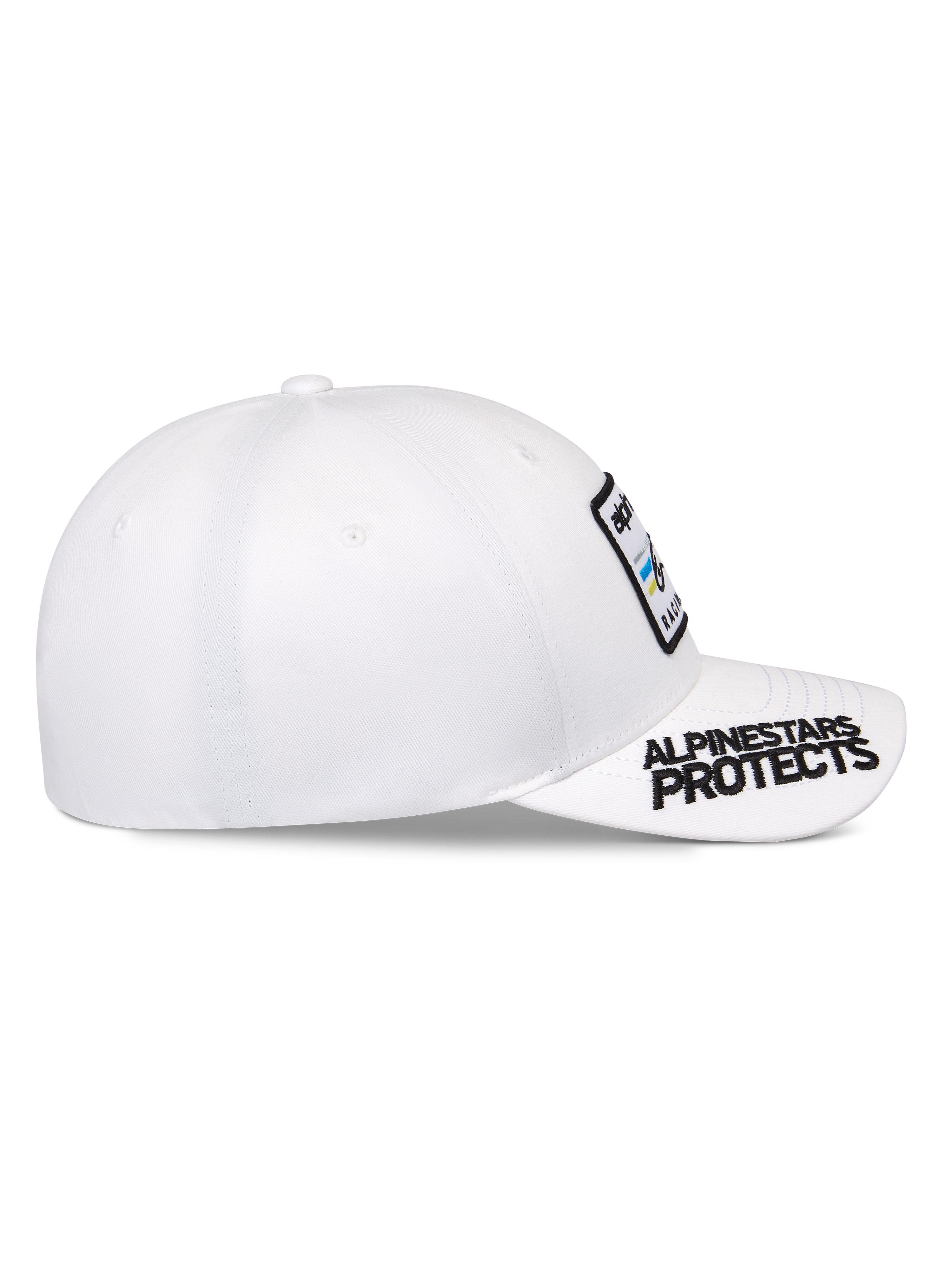 Cappello Alpinestars Surpass, bianco, visiera curva con ricamo nero 'ALPINESTARS PROTECTS', corona strutturata con toppa frontale con logo, berretto da baseball sportswear casual