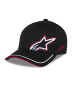 Alpinestars Corp Shift Relay Hat, nero, cappellino da baseball in twill strutturato con visiera curva, logo Astars 3D bianco con profilo ricamato rosso sul davanti, logo rosso sul lato, bordo bianco sulla visiera con dettaglio sandwich rosso, accessorio casual ispirato al motorsport.