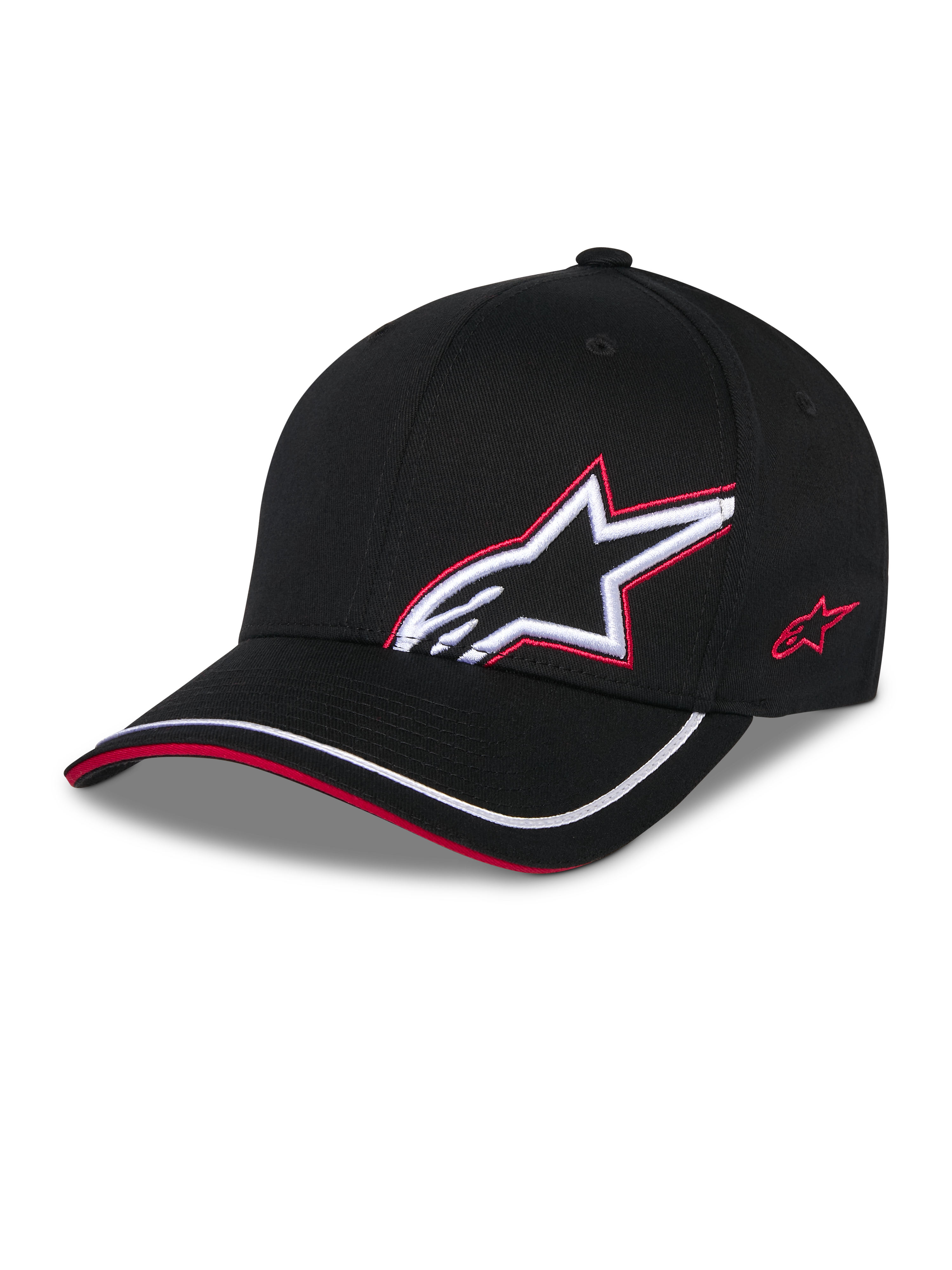 Alpinestars Corp Shift Relay Hat, nero, cappellino da baseball in twill strutturato con visiera curva, logo Astars 3D bianco con profilo ricamato rosso sul davanti, logo rosso sul lato, bordo bianco sulla visiera con dettaglio sandwich rosso, accessorio casual ispirato al motorsport.