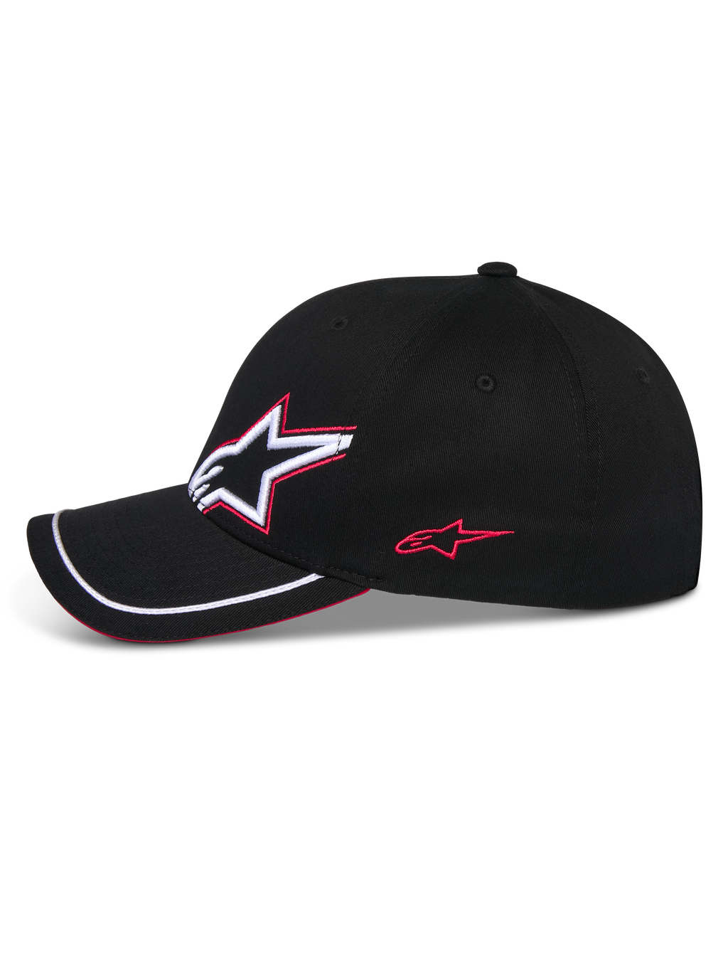 Alpinestars Corp Shift Relay Hat, cappello da baseball nero, profilo laterale con ricamo del logo Astars 3D in bianco e rosso, visiera curva con rifinitura sutache bianca e dettaglio sandwich rosso, copricapo casual motorsport