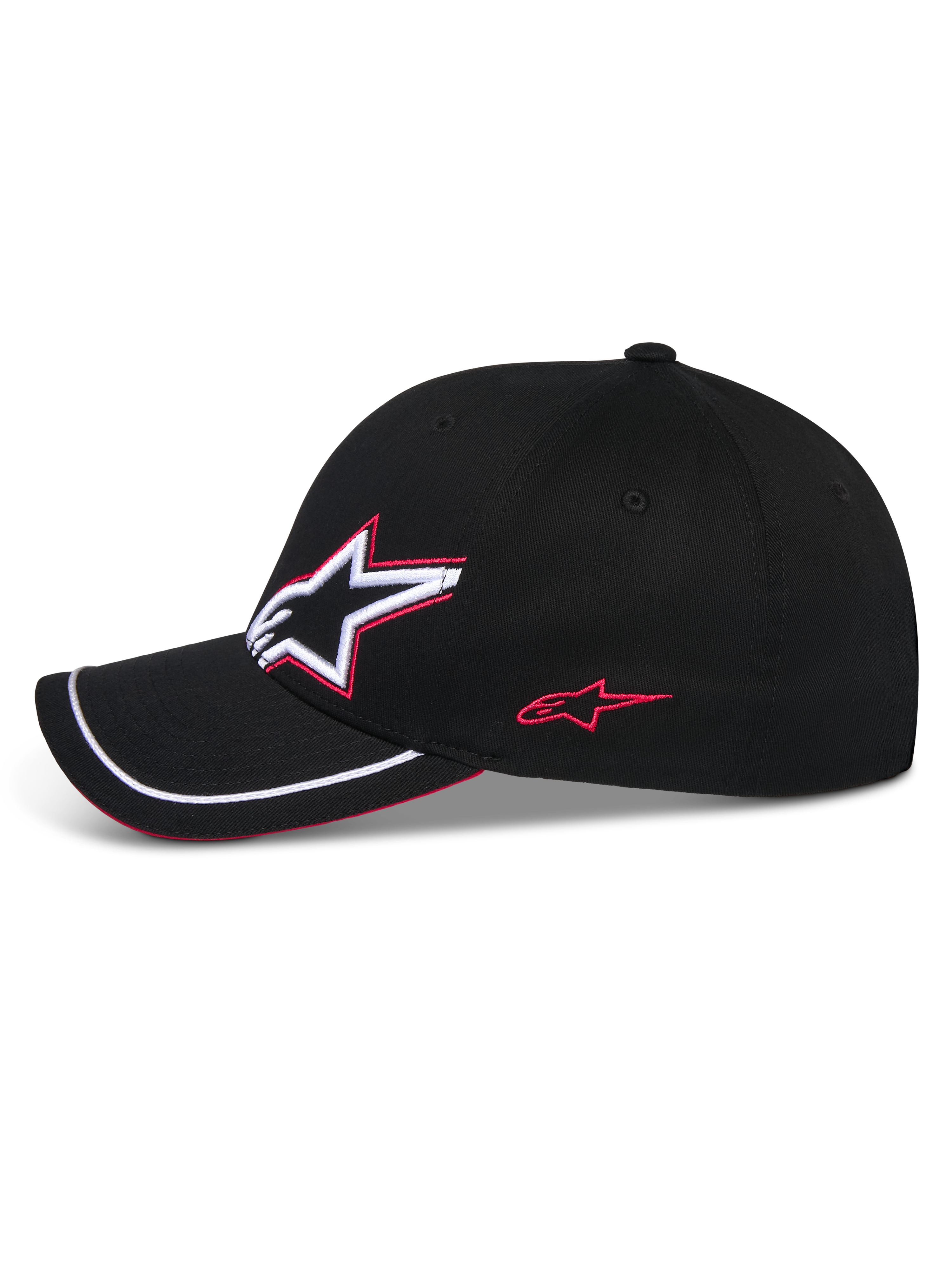 Alpinestars Corp Shift Relay Hat, cappello da baseball nero, profilo laterale con ricamo del logo Astars 3D in bianco e rosso, visiera curva con rifinitura sutache bianca e dettaglio sandwich rosso, copricapo casual motorsport