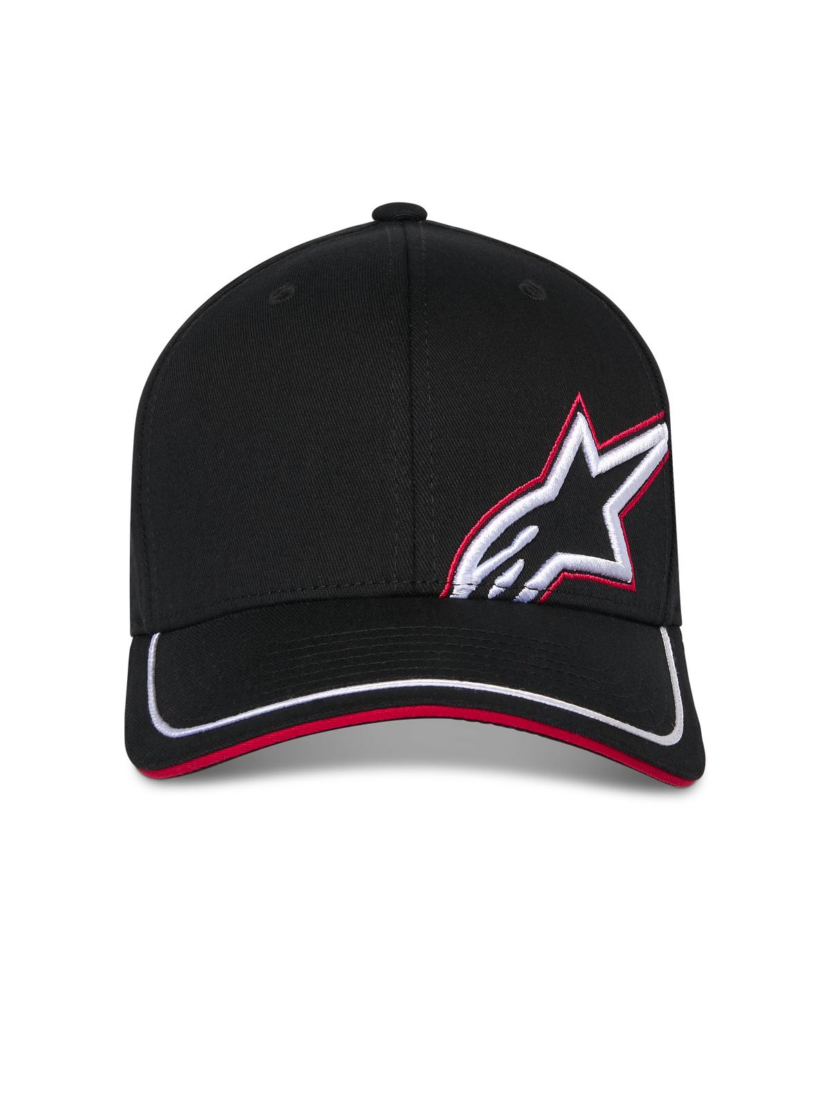 Cappello Alpinestars Corp Shift Relay, cappellino da baseball nero, visiera curva con rifinitura bianca e sandwich rosso, ricamo frontale 3D del logo Astars in bianco e rosso, abbigliamento sportivo casual ispirato al motorsport
