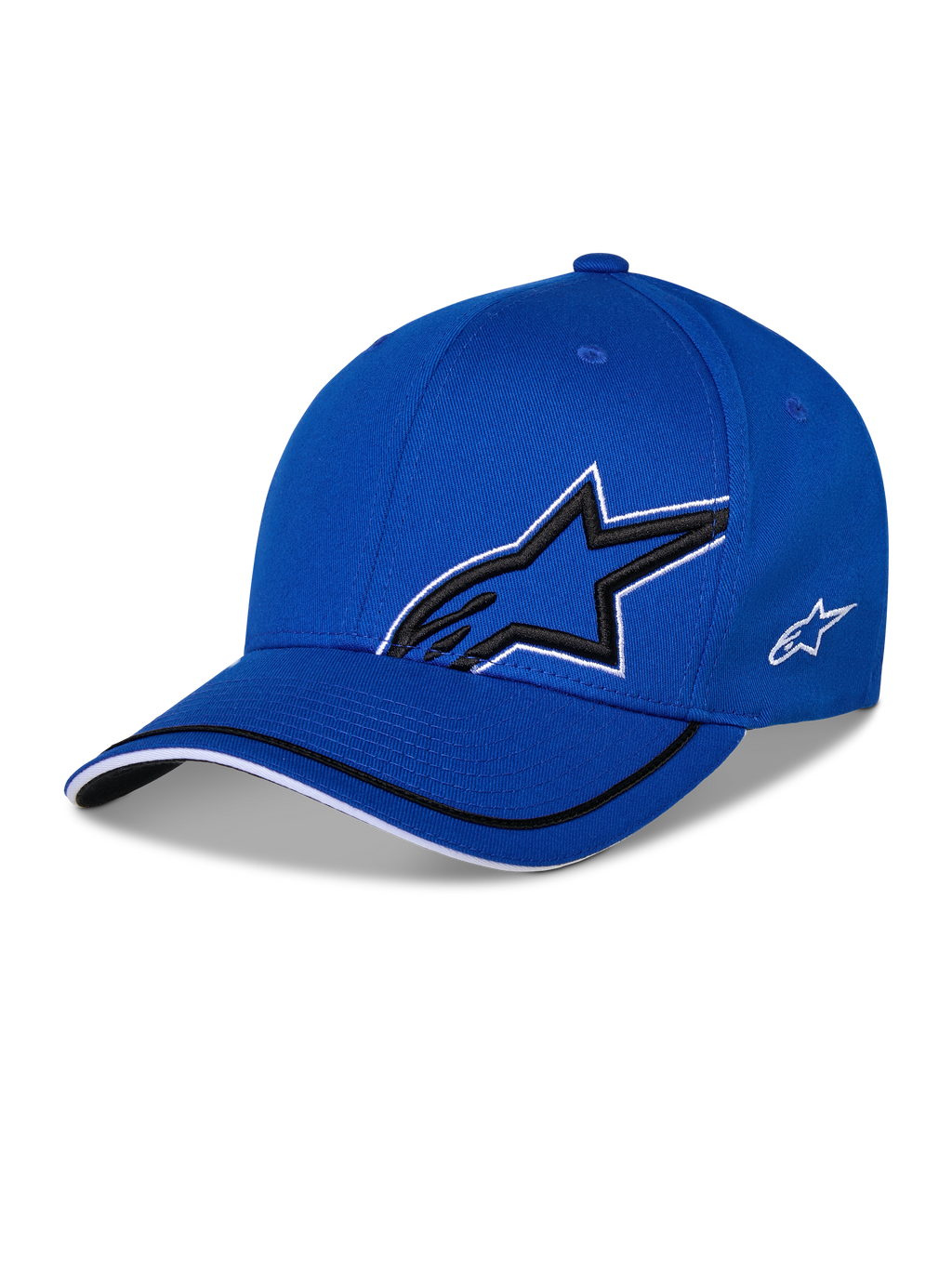 Alpinestars Corp Shift Relay Hat, cappellino da baseball strutturato blu, con grande logo a stella Astars in 3D nero con bordo bianco, piccolo logo laterale bianco e visiera curva con dettagli neri e bianchi