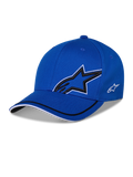 Alpinestars Corp Shift Relay Hat, cappellino da baseball strutturato blu, con grande logo a stella Astars in 3D nero con bordo bianco, piccolo logo laterale bianco e visiera curva con dettagli neri e bianchi