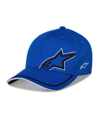 Alpinestars Corp Shift Relay Hat, cappellino da baseball strutturato blu, con grande logo a stella Astars in 3D nero con bordo bianco, piccolo logo laterale bianco e visiera curva con dettagli neri e bianchi