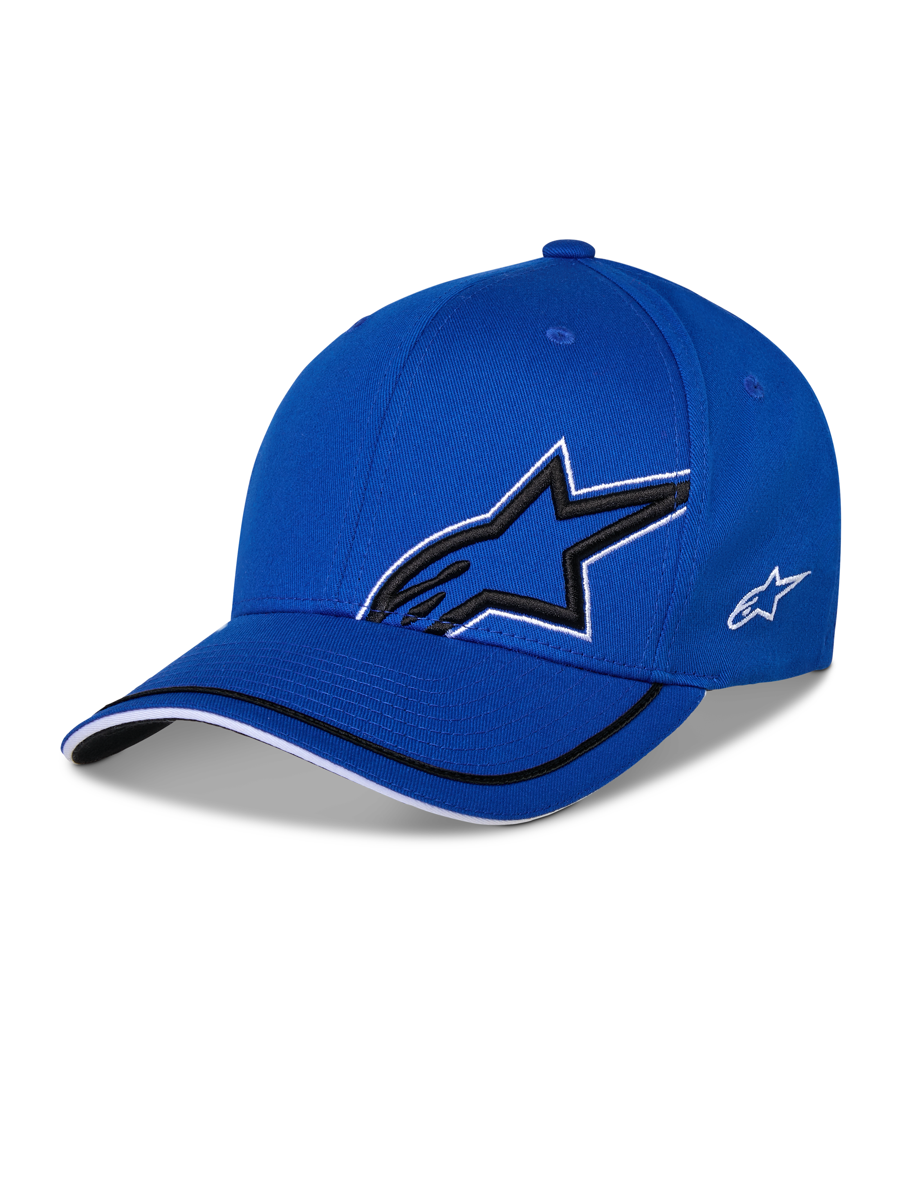 Alpinestars Corp Shift Relay Hat, cappellino da baseball strutturato blu, con grande logo a stella Astars in 3D nero con bordo bianco, piccolo logo laterale bianco e visiera curva con dettagli neri e bianchi
