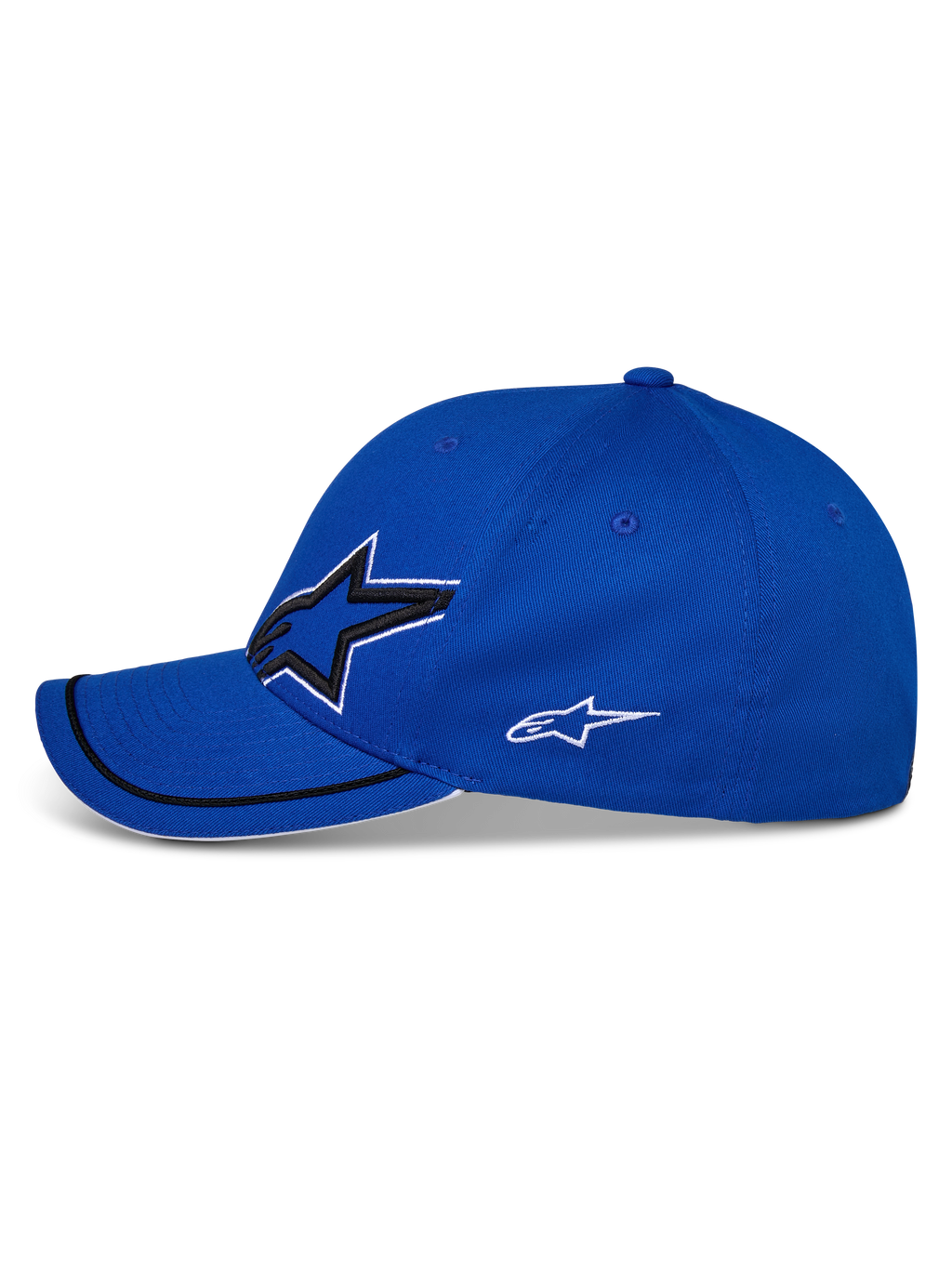 Alpinestars Corp Shift Relay Hat, blu, vista laterale, visiera curva con rifinitura sutache nera e bordo sandwich bianco, grande logo Astars 3D frontale e logo bianco laterale, cappello sportswear casual