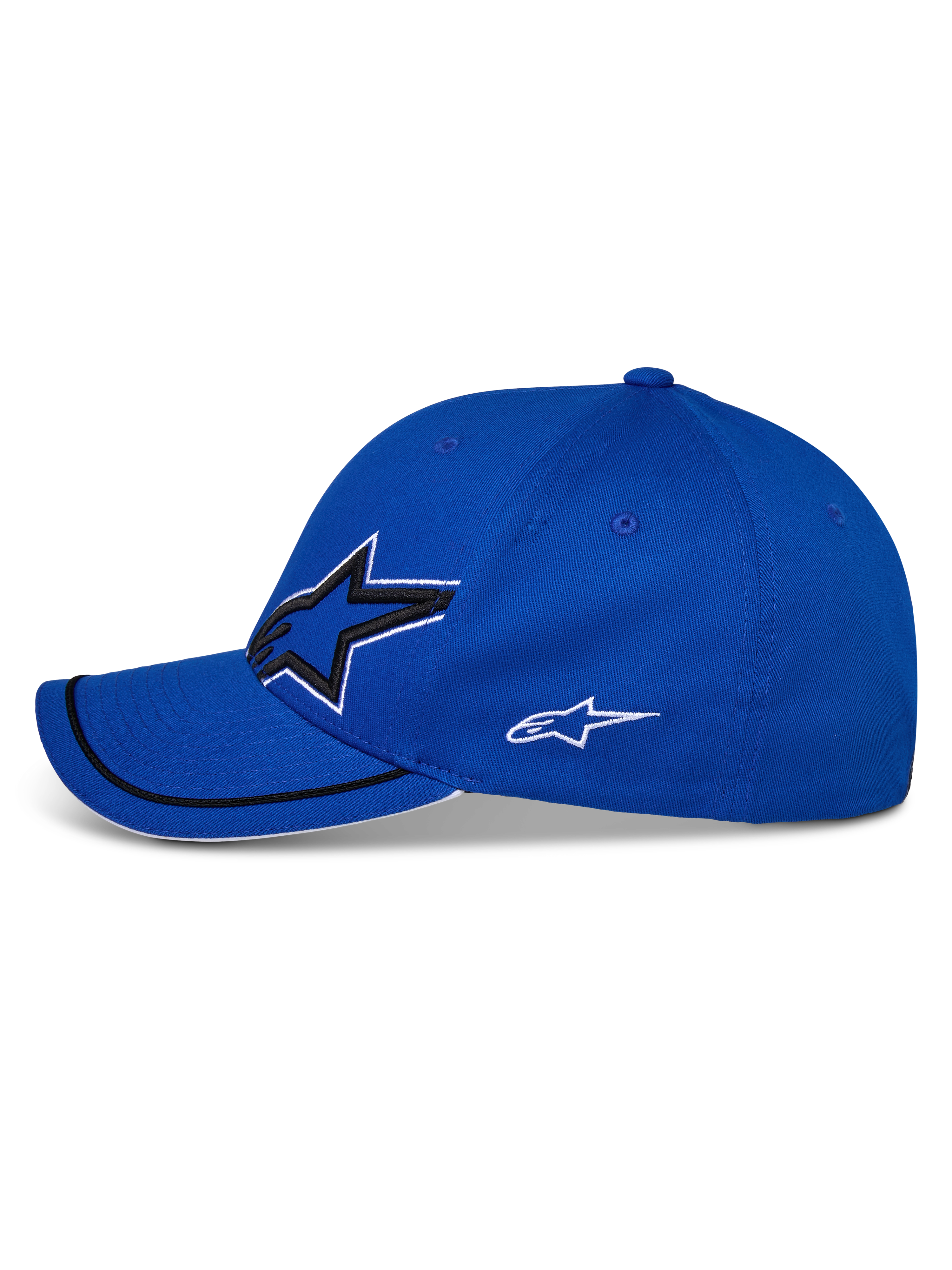 Alpinestars Corp Shift Relay Hat, blu, vista laterale, visiera curva con rifinitura sutache nera e bordo sandwich bianco, grande logo Astars 3D frontale e logo bianco laterale, cappello sportswear casual