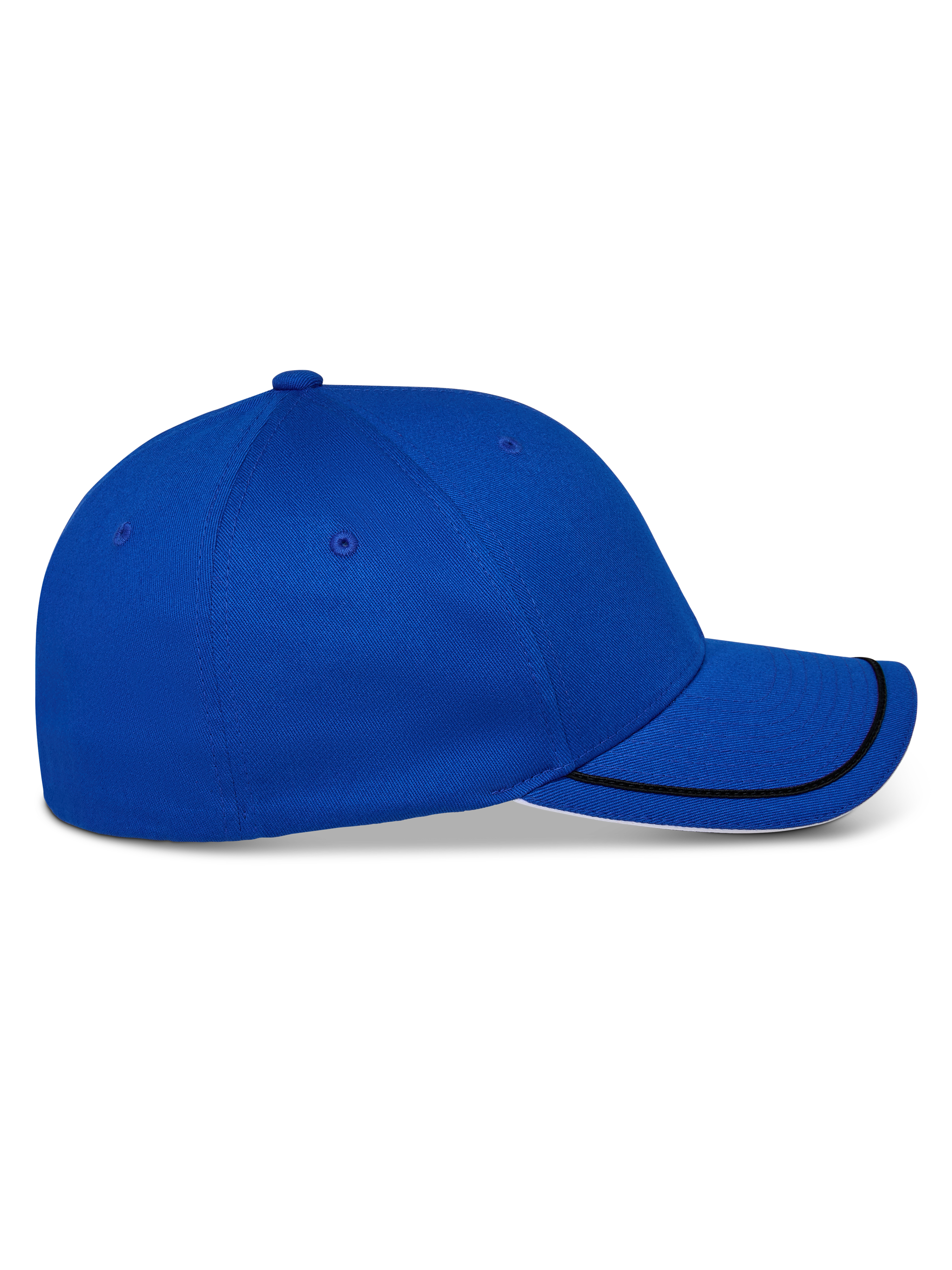 Alpinestars Corp Shift Relay Hat, cappello da baseball strutturato, blu, vista laterale con visiera curva con finitura sutache nera e dettaglio sandwich bianco, copricapo casual ispirato al motorsport