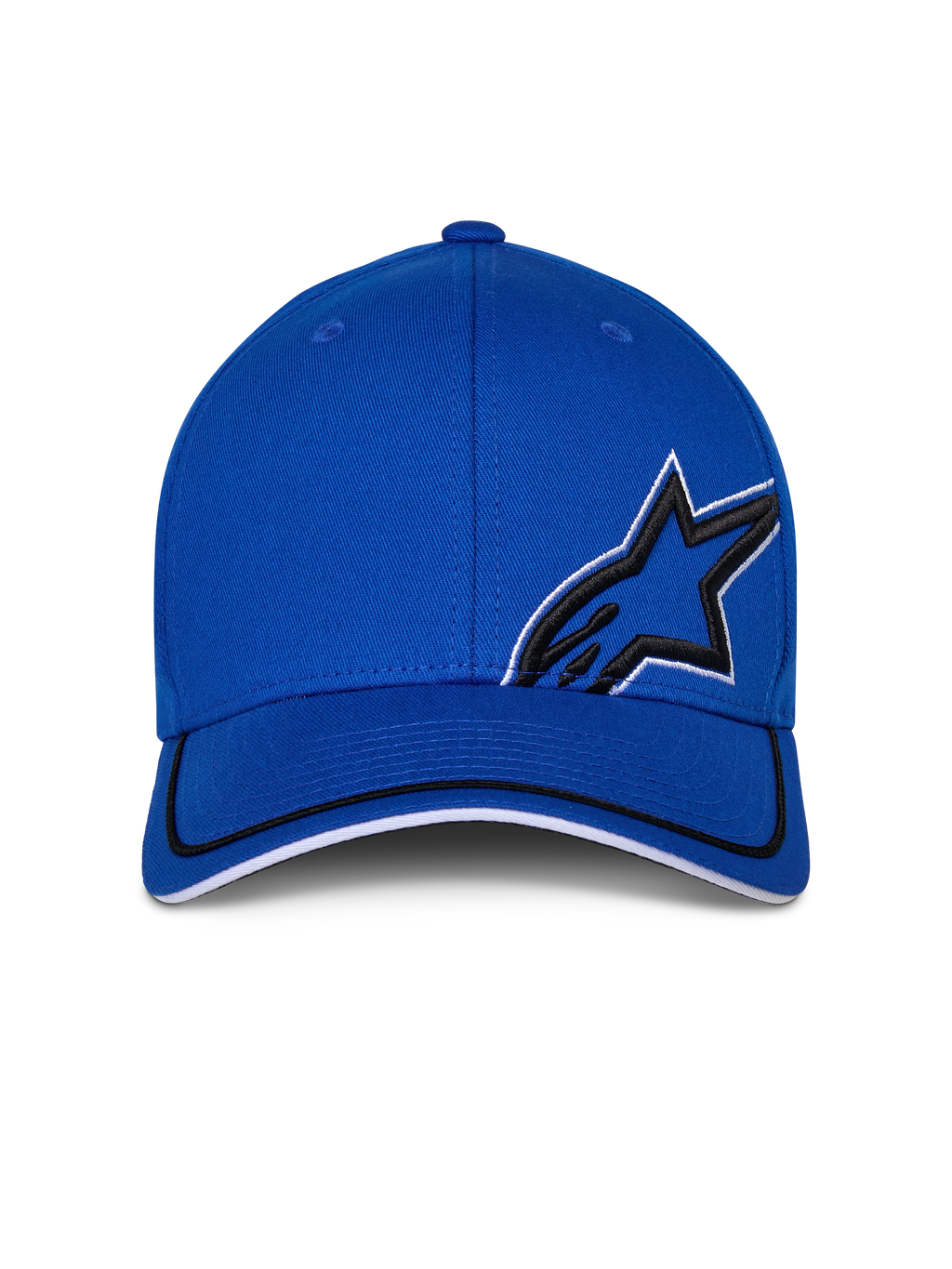 Cappello Alpinestars Corp Shift Relay, blu, cappello da baseball strutturato con visiera curva, ricamo logo 3D Astars nero con contorno bianco, bordo sandwich bianco e nero sulla visiera, streetwear motorsport casual